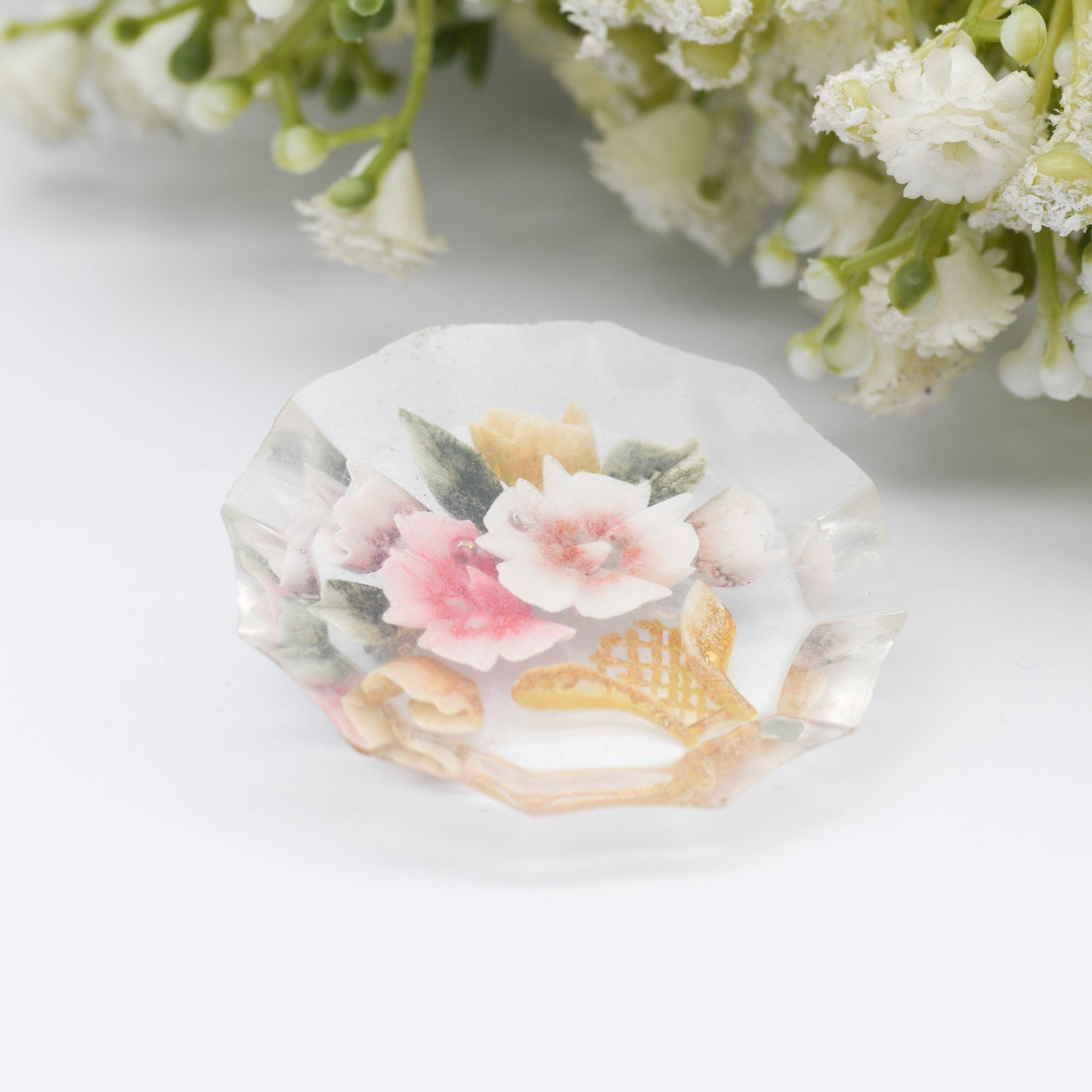 Vintage Lucite Reverse Carved Jardinière Brooch - Hand Painted | Early Plastic Costume Jewellery | Vase of Flowers