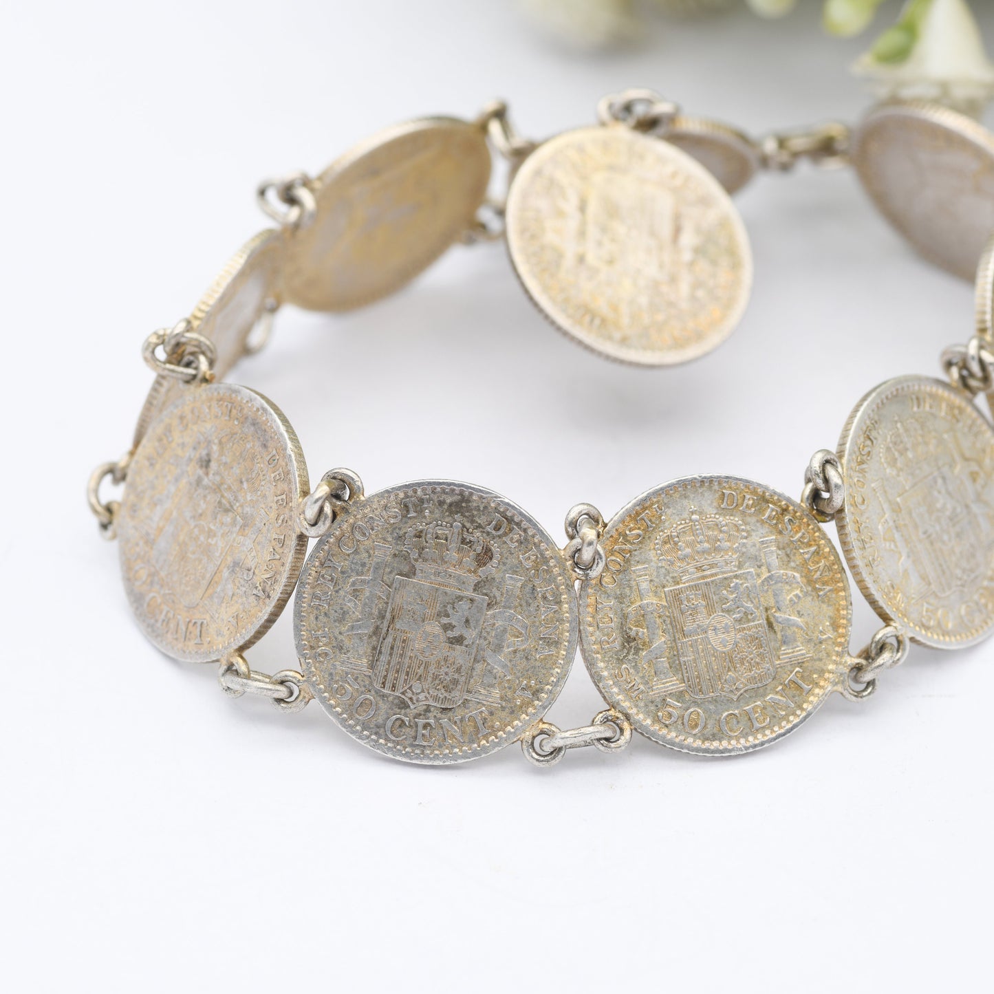 Antique Silver Spanish 50 Centimos Coin Bracelet - 1904 1910 | Alfonso XIII | Collectable Peseta Coin Jewellery