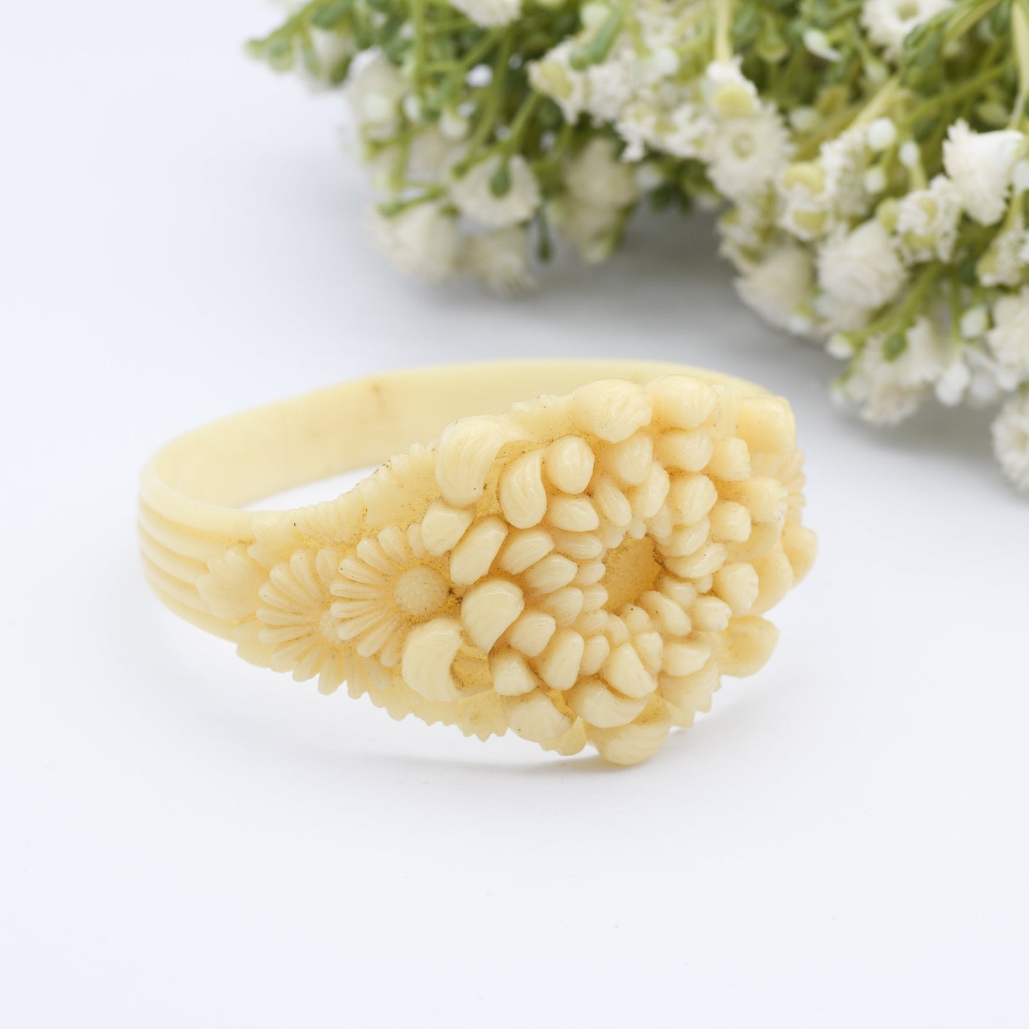 Vintage Ivorine Flower Bangle - Faux Ivory Celluloid | Early Plastic Costume Jewellery