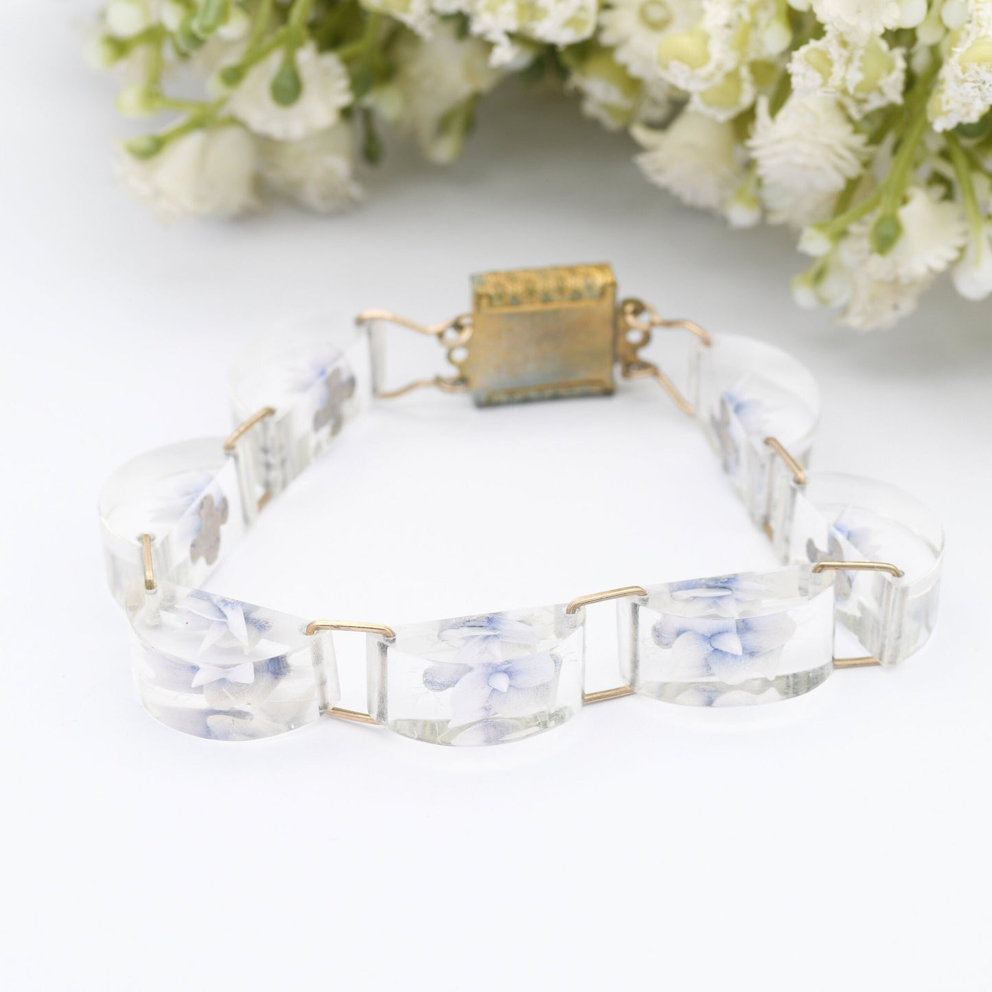Vintage Lucite Reverse Carved Panel Bracelet - Retro Kitsch Flowers | Early Plastic Costume Jewellery