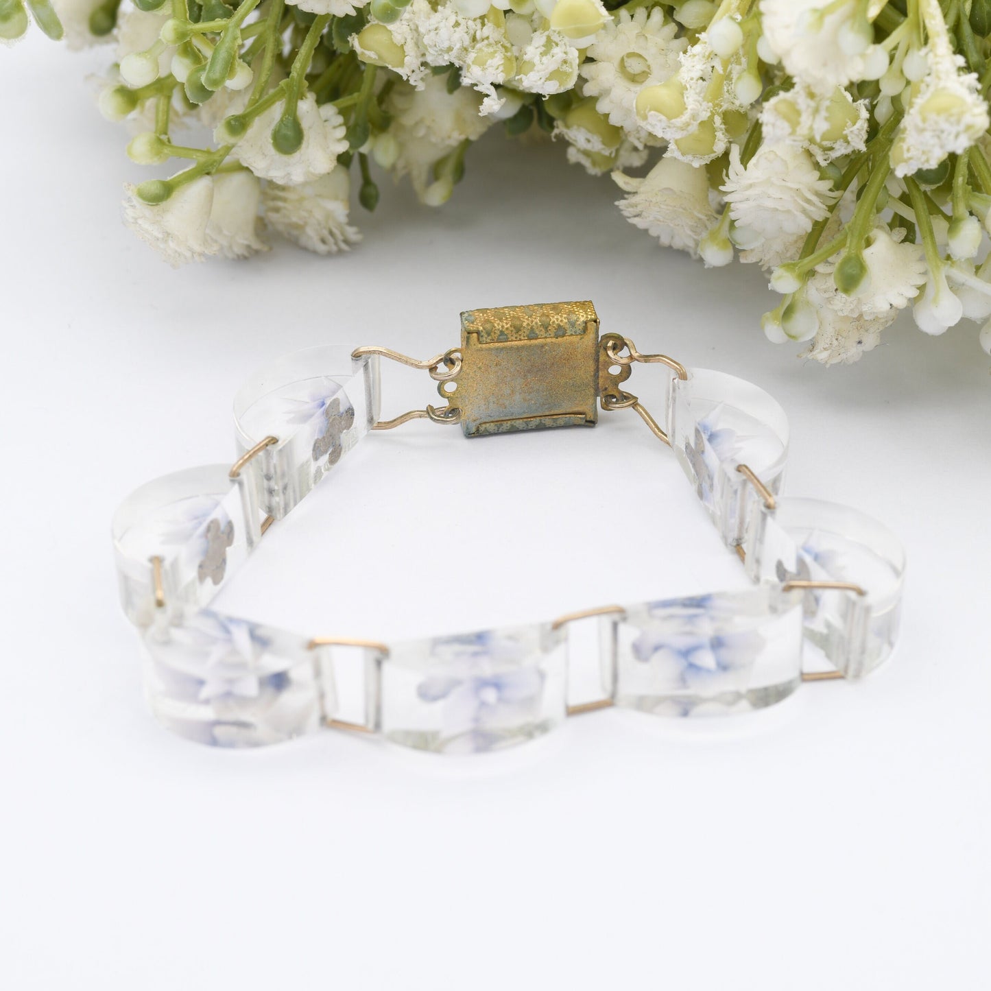 Vintage Lucite Reverse Carved Panel Bracelet - Retro Kitsch Flowers | Early Plastic Costume Jewellery
