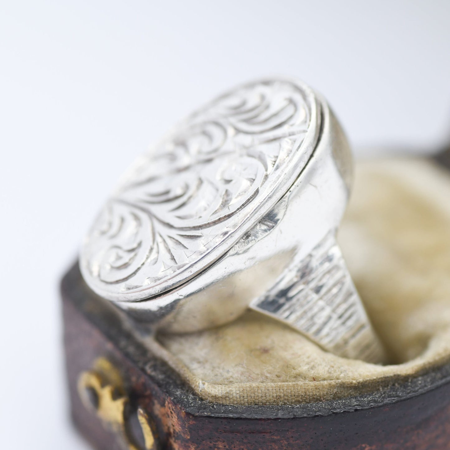 Vintage Sterling Silver Locket Ring Poison Ring - Hand Engraved Ornate Scrolling Design | UK Size L | US Size 5 3/4