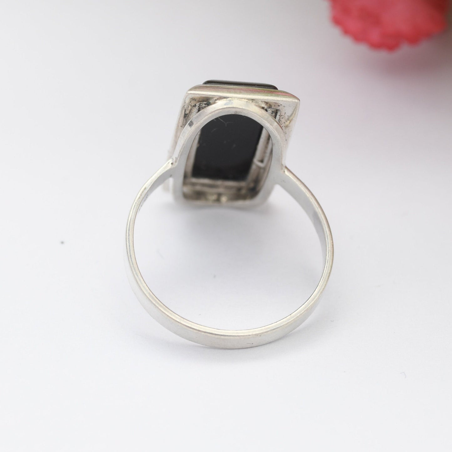 Vintage Sterling Silver Onyx Statement Ring - Chunky Cocktail | Black Rectangle Stone | UK Size - N | US Size - 6 3/4