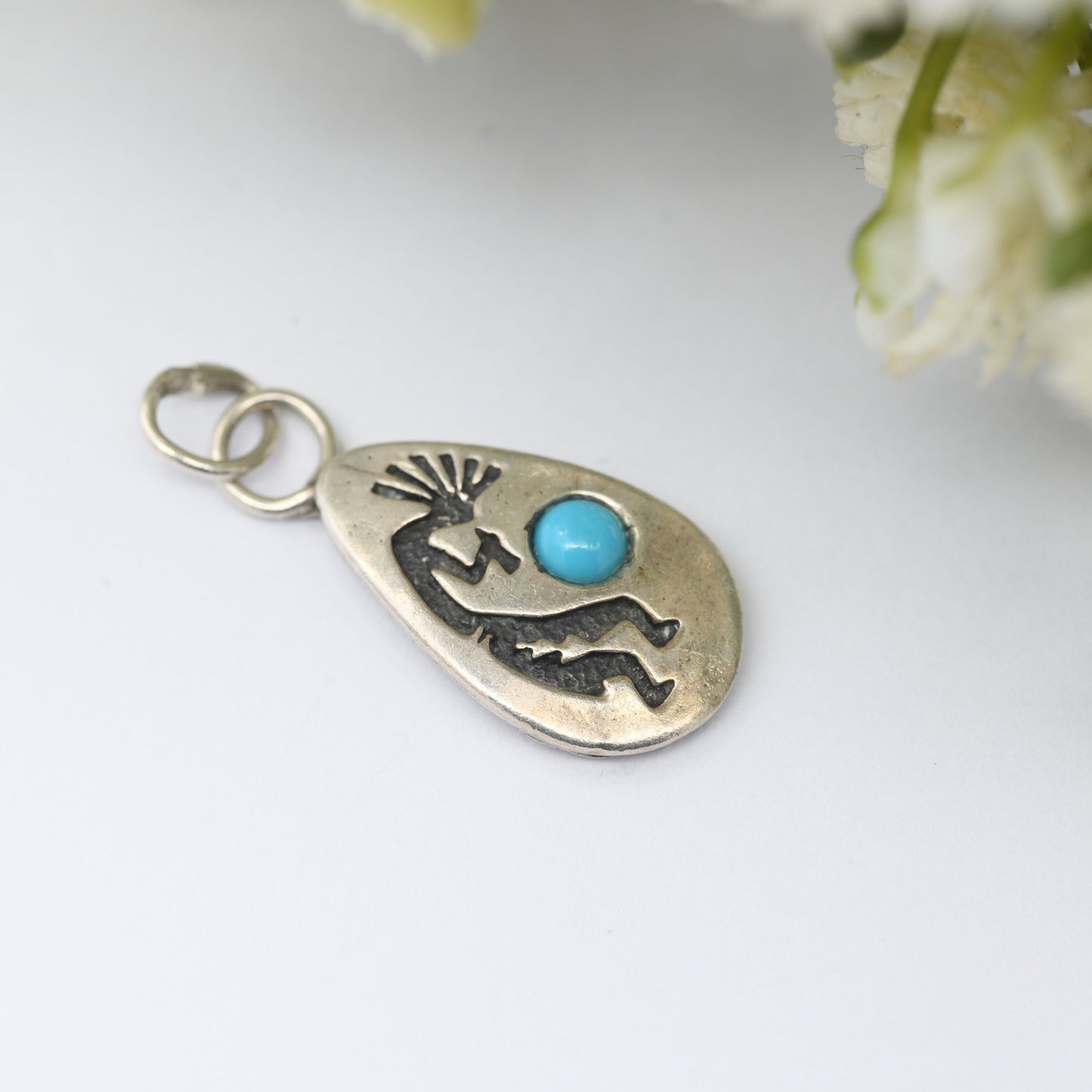 Vintage Navajo Silver Kokopelli Charm Pendant with Turquoise Blue Stone - Fertility Symbol Flute Player