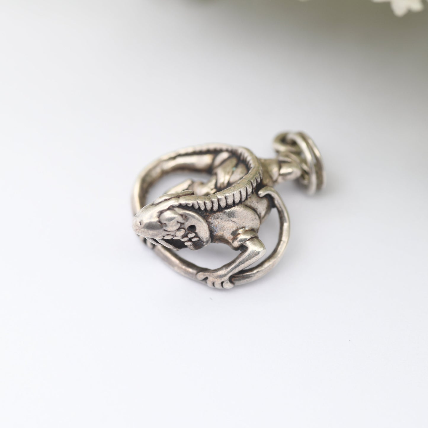 Vintage Navajo Sterling Silver Iguana Lizard Charm Pendant - Signed with Shop Mark | Curled Chameleon Bearded Dragon | Realistic Animal
