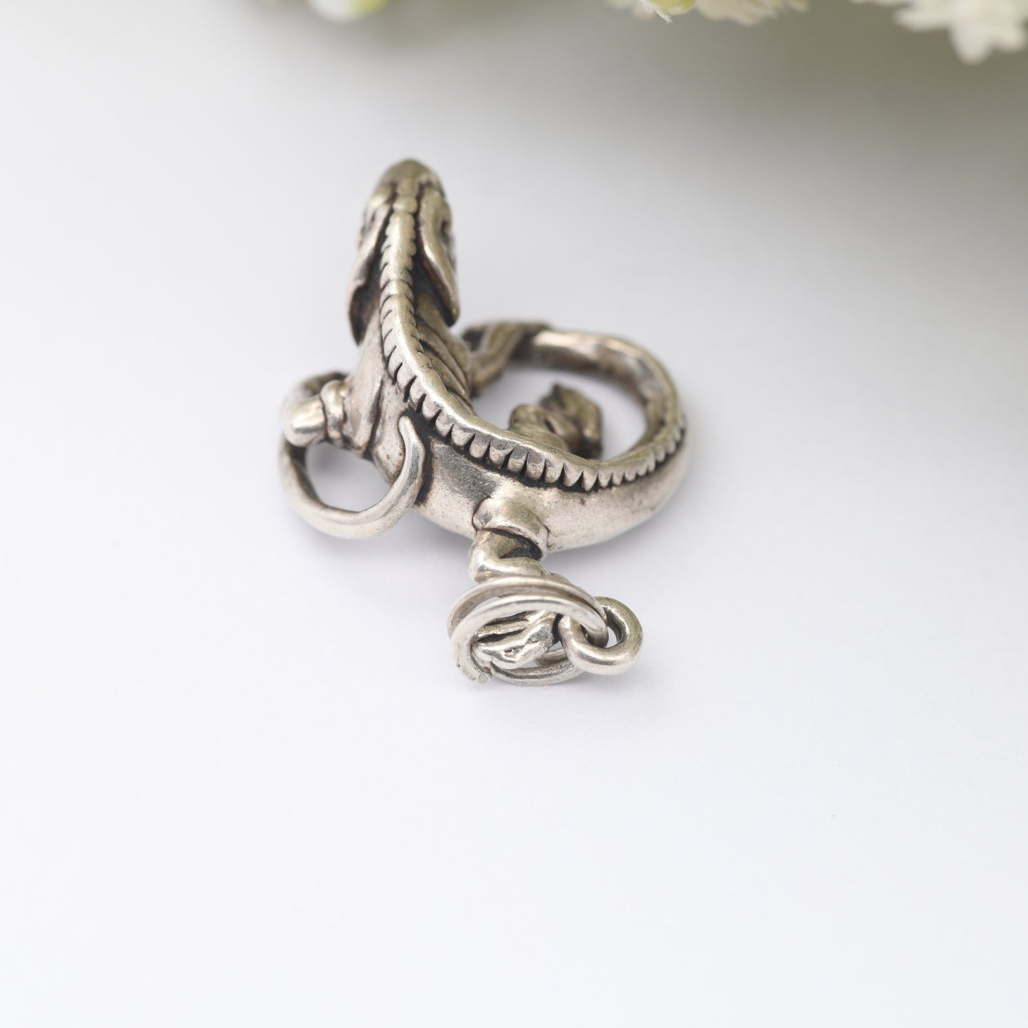 Vintage Navajo Sterling Silver Iguana Lizard Charm Pendant - Signed with Shop Mark | Curled Chameleon Bearded Dragon | Realistic Animal