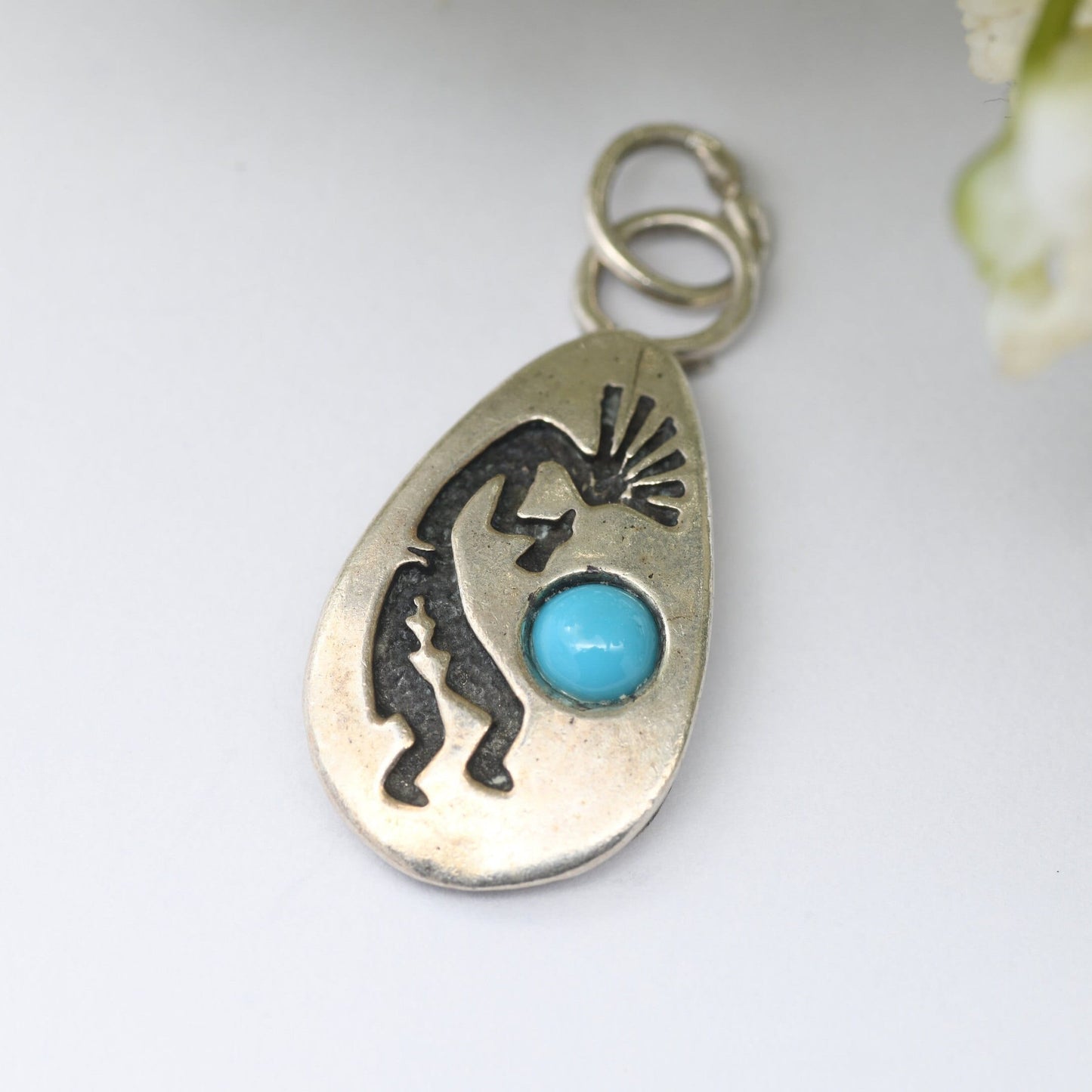 Vintage Navajo Silver Kokopelli Charm Pendant with Turquoise Blue Stone - Fertility Symbol Flute Player