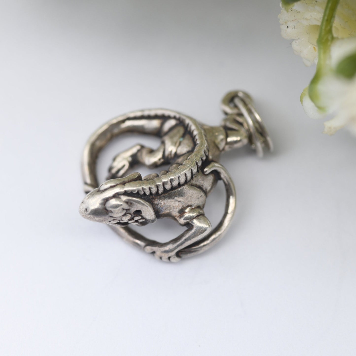 Vintage Navajo Sterling Silver Iguana Lizard Charm Pendant - Signed with Shop Mark | Curled Chameleon Bearded Dragon | Realistic Animal