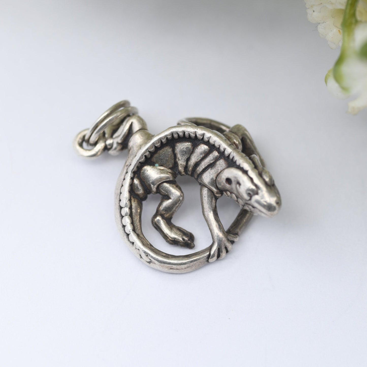 Vintage Navajo Sterling Silver Iguana Lizard Charm Pendant - Signed with Shop Mark | Curled Chameleon Bearded Dragon | Realistic Animal