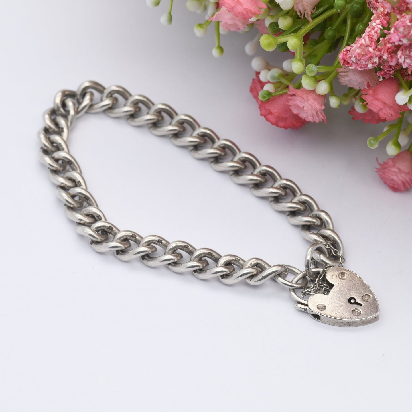 Vintage Sterling Silver Heart Padlock Clasp Chain Bracelet 1963 - Chunky Curb Links with Safety Chain