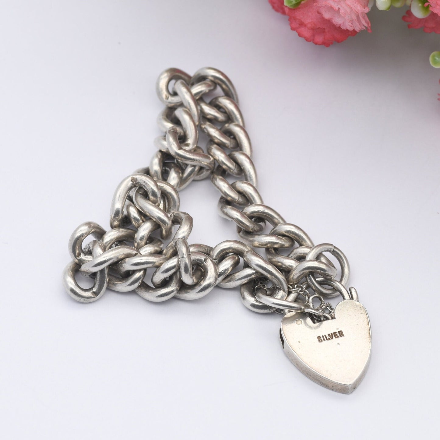 Vintage Sterling Silver Heart Padlock Clasp Chain Bracelet 1963 - Chunky Curb Links with Safety Chain
