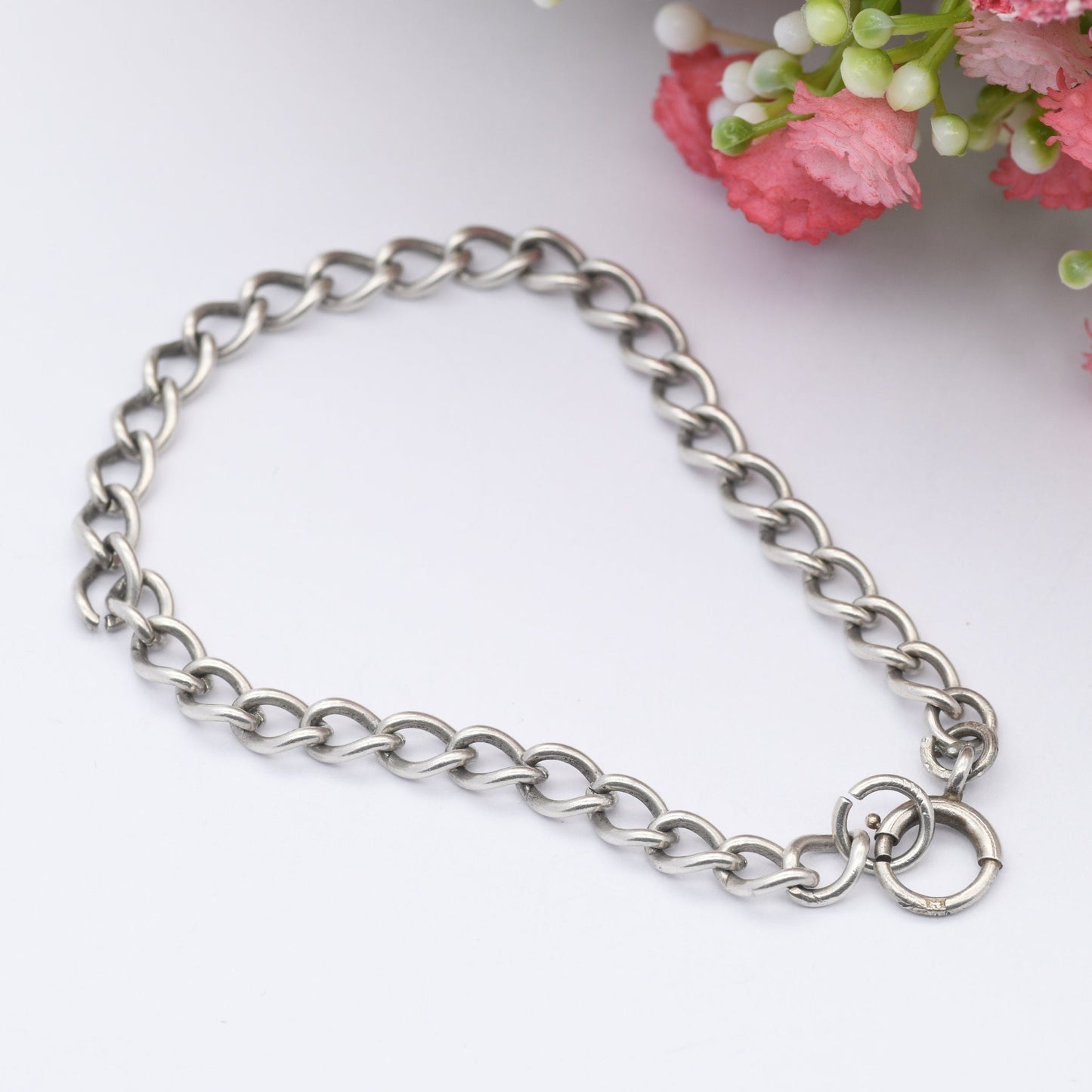 Antique Sterling Silver Chain Bracelet - Rounded Curb Links | Charm Bracelet