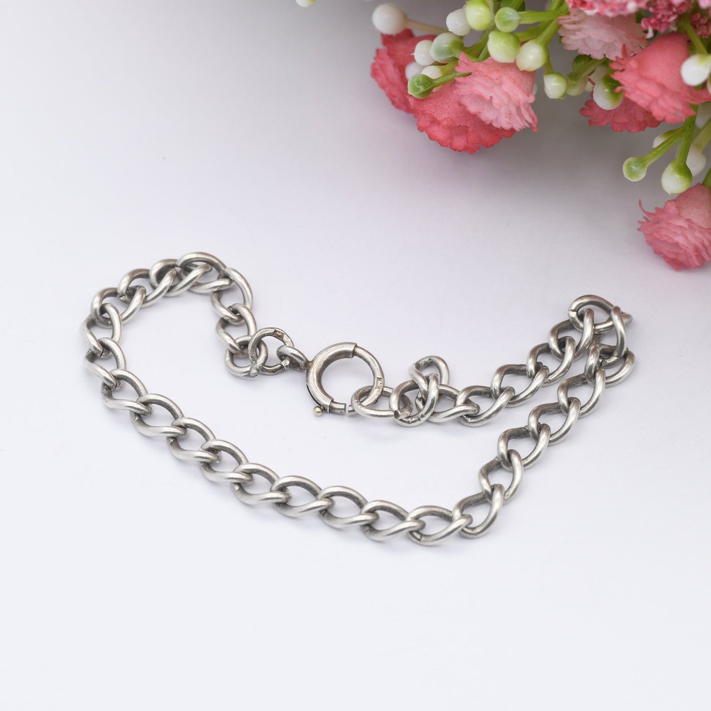 Antique Sterling Silver Chain Bracelet - Rounded Curb Links | Charm Bracelet