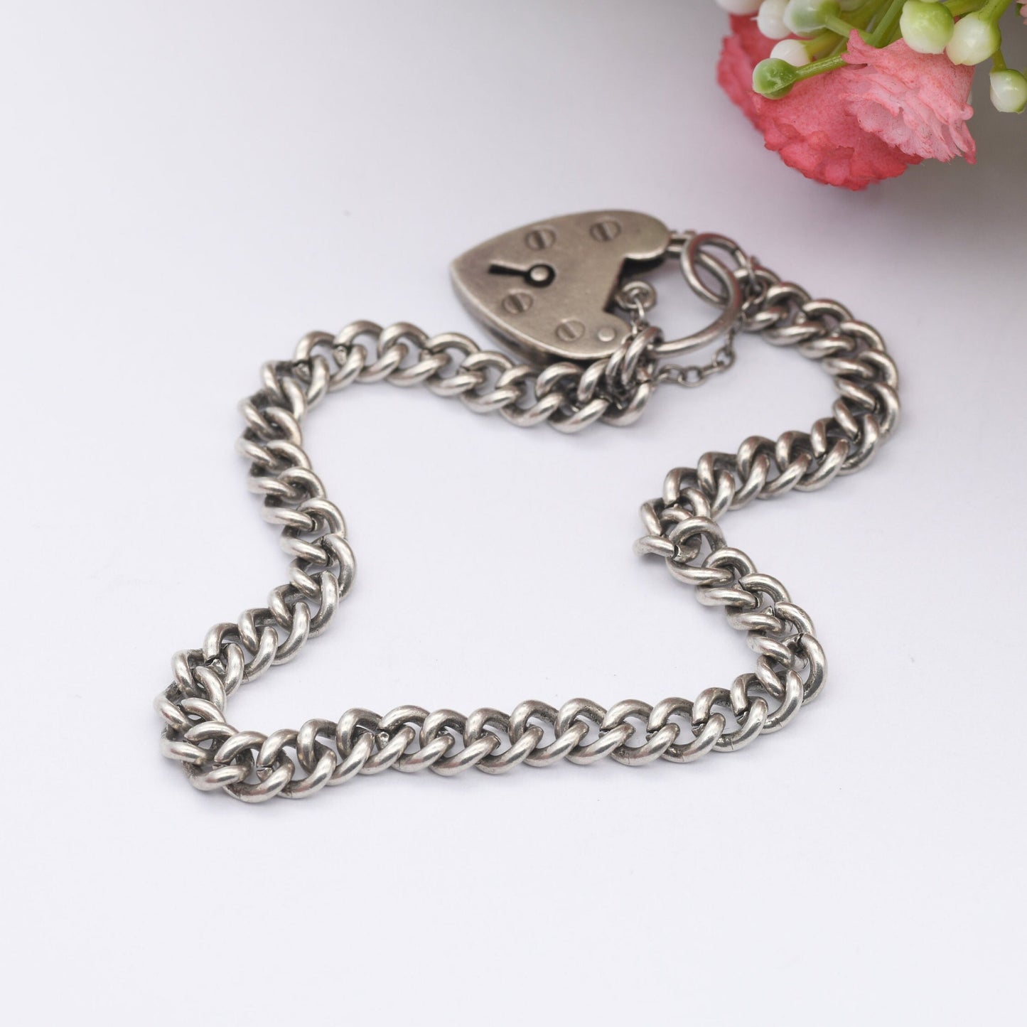 Vintage Sterling Silver Heart Padlock Clasp Chain Bracelet - Chunky Curb Links with Safety Chain