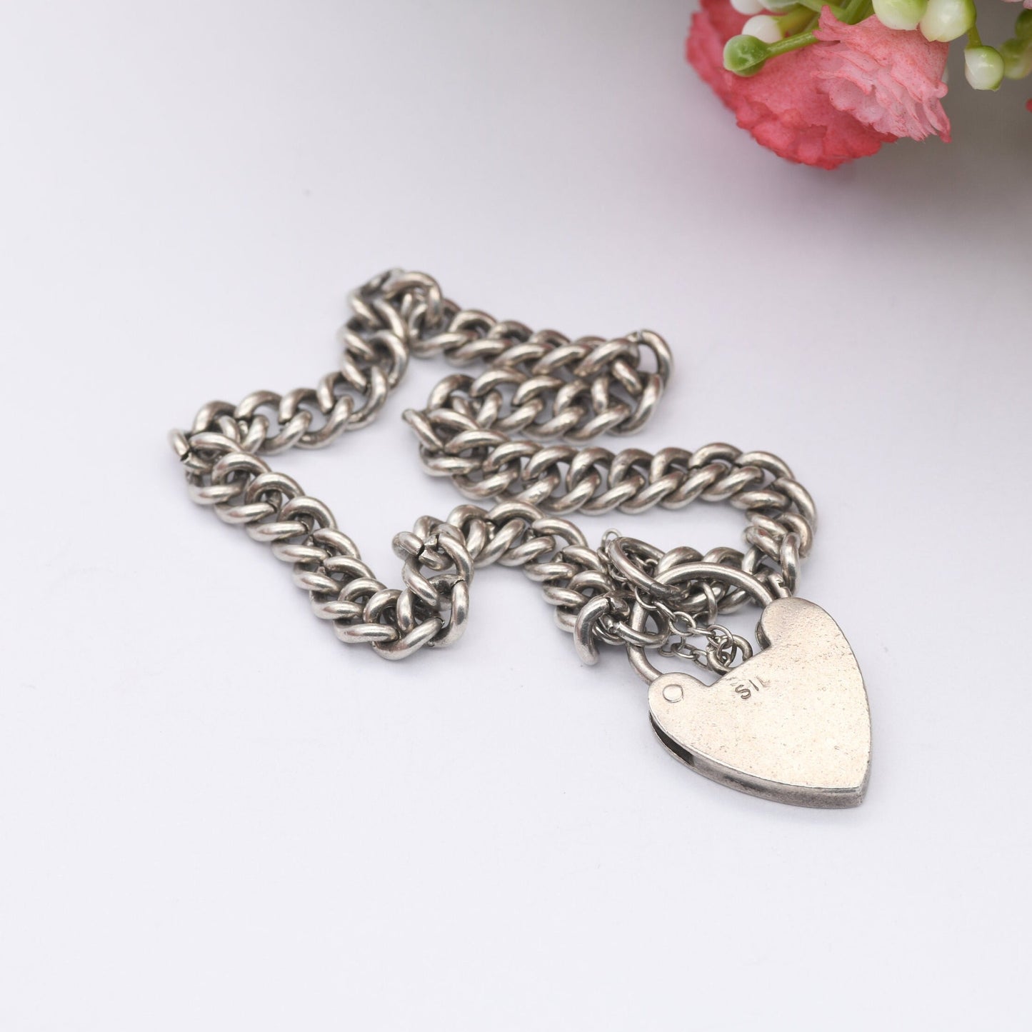 Vintage Sterling Silver Heart Padlock Clasp Chain Bracelet - Chunky Curb Links with Safety Chain
