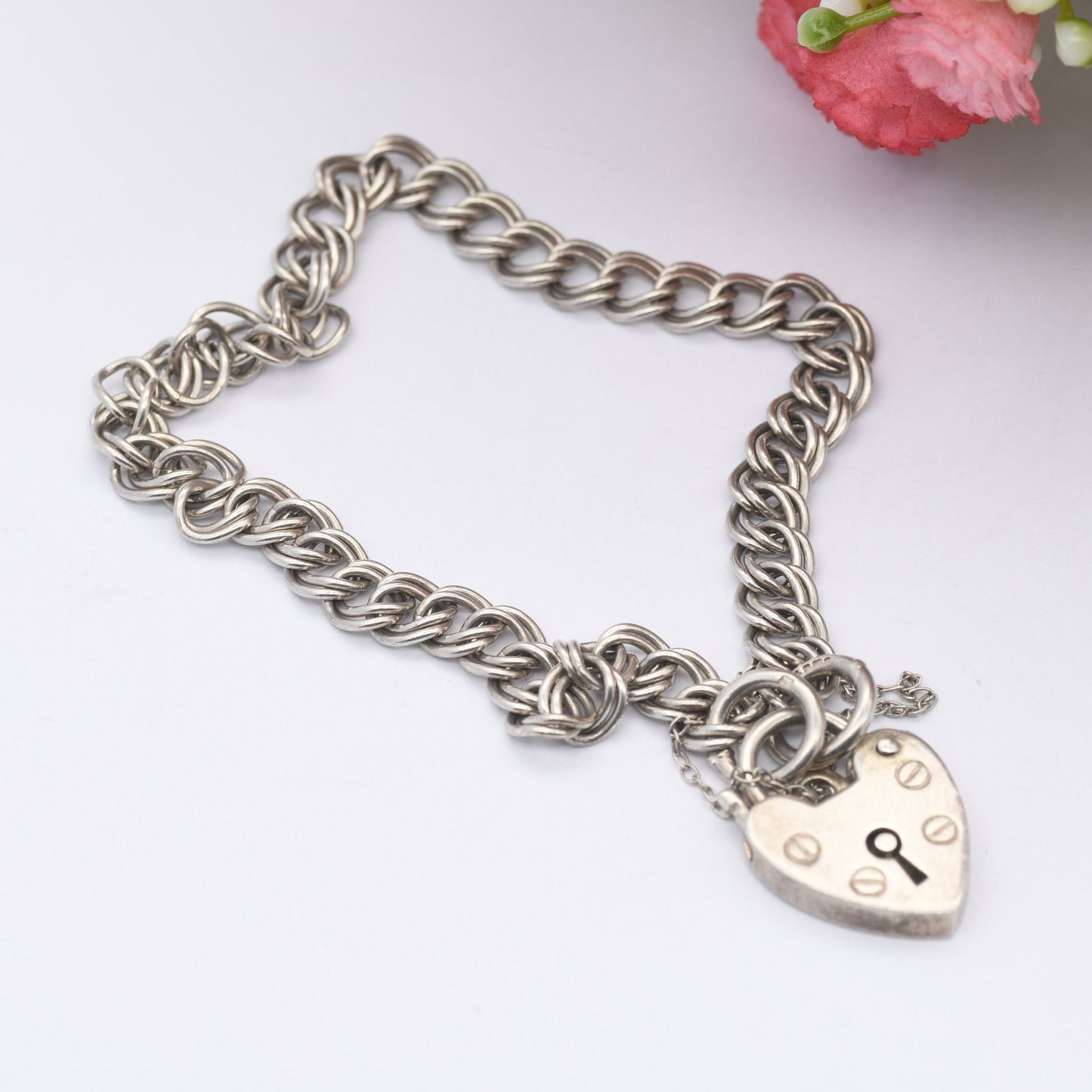 Vintage Sterling Silver Heart Padlock Clasp Chain Bracelet 1980 by Henry Griffith and Sons HG&S - Double Curb Links