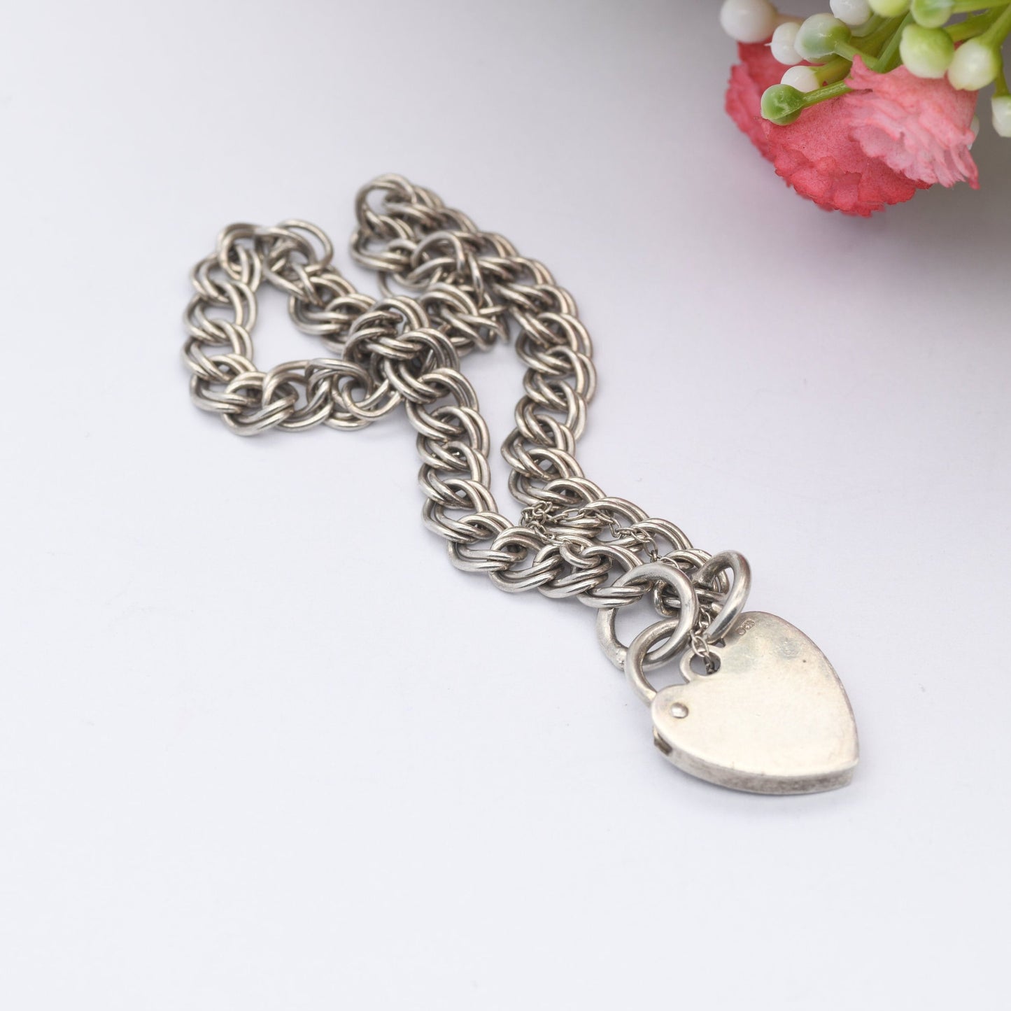 Vintage Sterling Silver Heart Padlock Clasp Chain Bracelet 1980 by Henry Griffith and Sons HG&S - Double Curb Links