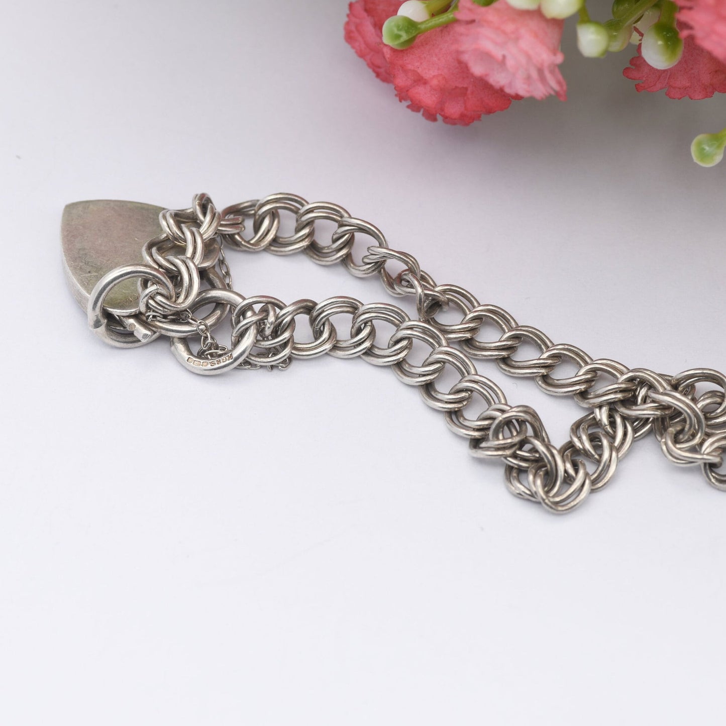 Vintage Sterling Silver Heart Padlock Clasp Chain Bracelet 1980 by Henry Griffith and Sons HG&S - Double Curb Links