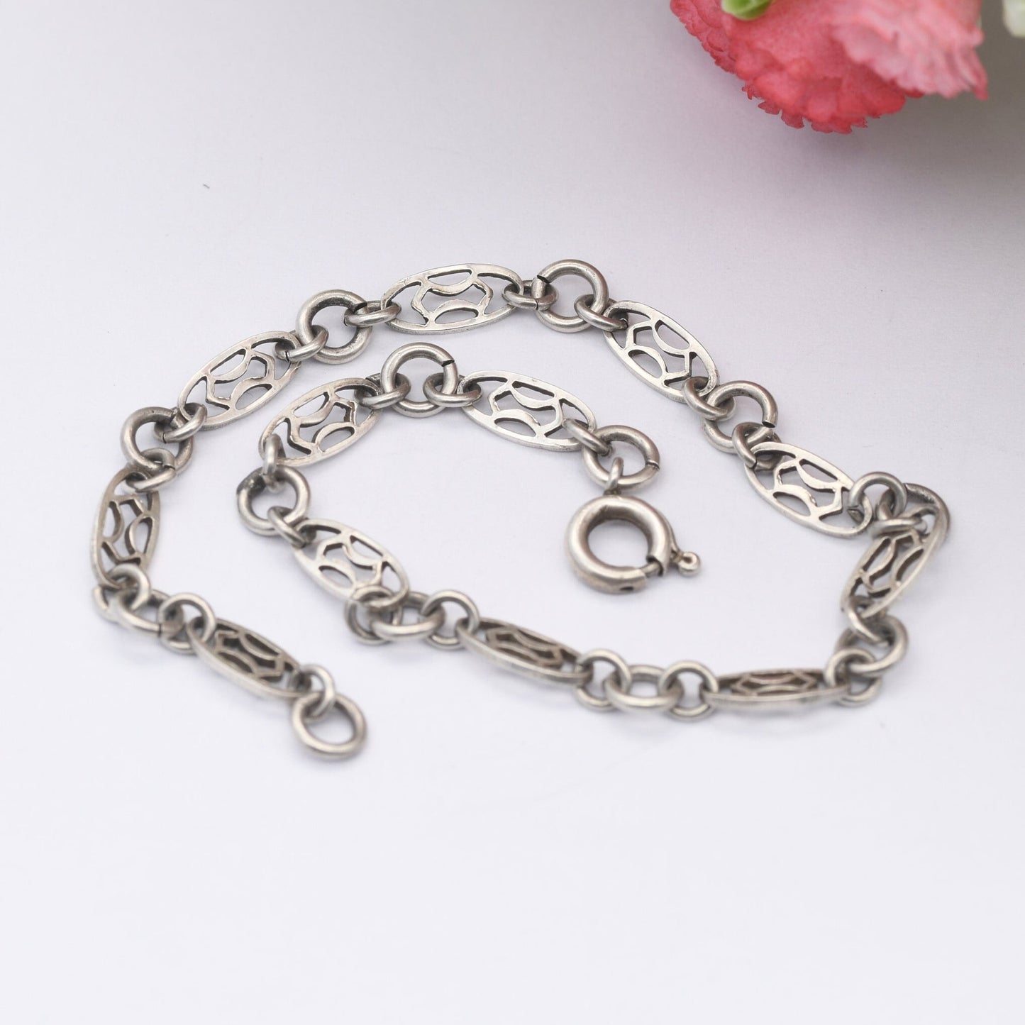 Vintage Silver Chain Bracelet - Openwork Oval Links