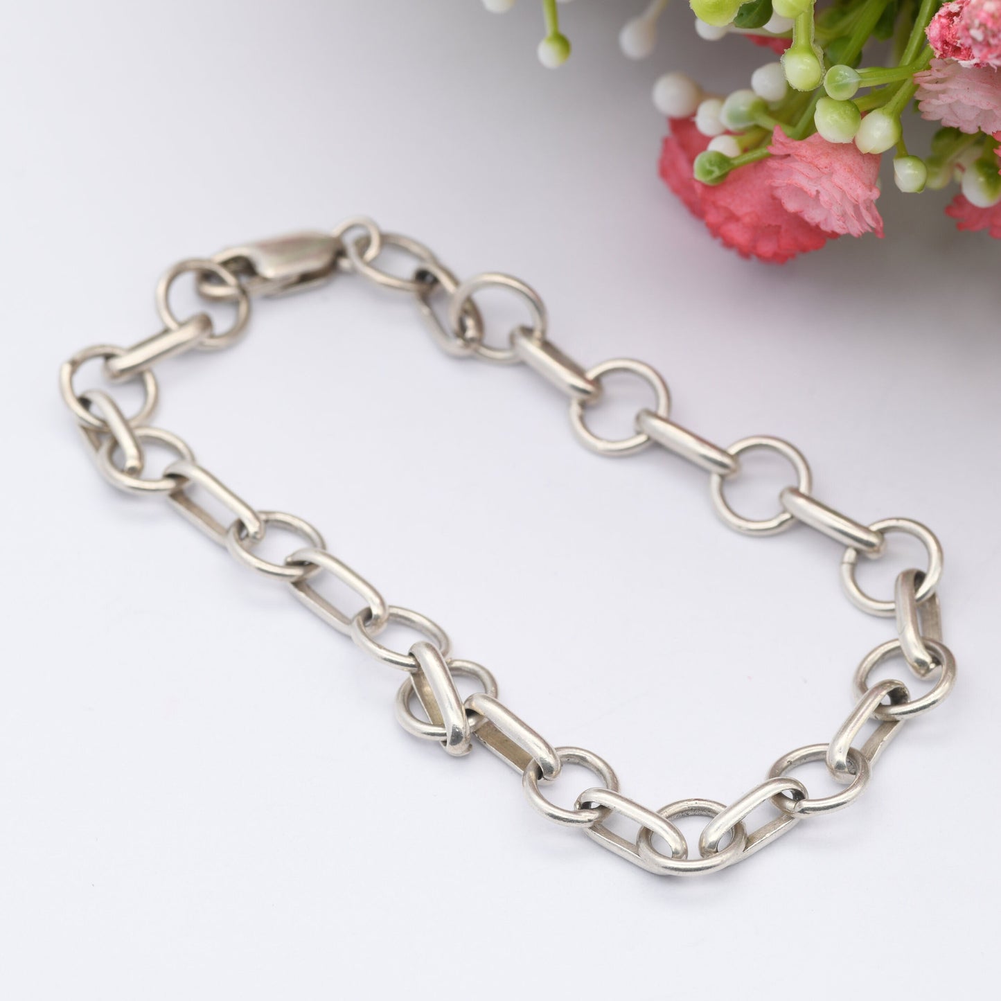 Vintage Sterling Silver Trombone Link Chain Bracelet - Oval Round | Long Length