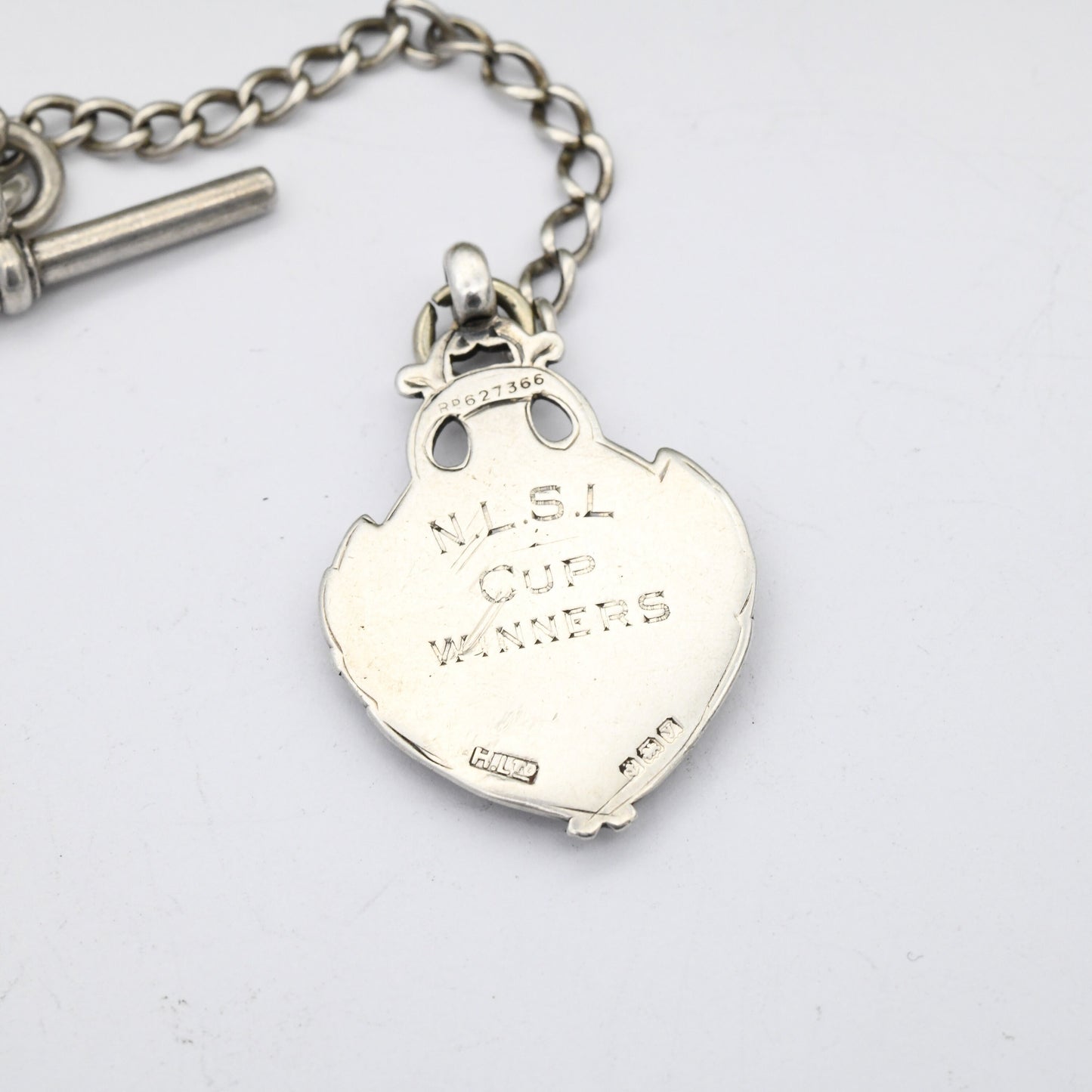 Antique Sterling Silver Albert Chain with Watch Fob Coin T-Bar & Dog Clip 1920s - Shield Fob Gold Plated | Curb Link | Pocket Watch Chain