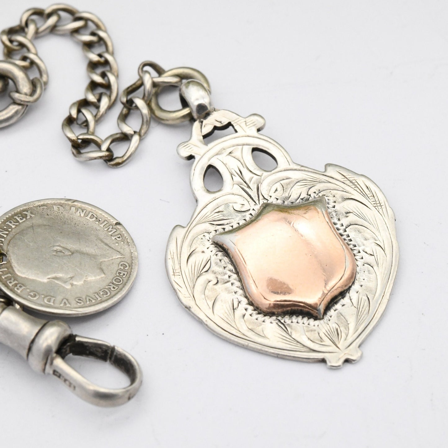 Antique Sterling Silver Albert Chain with Watch Fob Coin T-Bar & Dog Clip 1920s - Shield Fob Gold Plated | Curb Link | Pocket Watch Chain