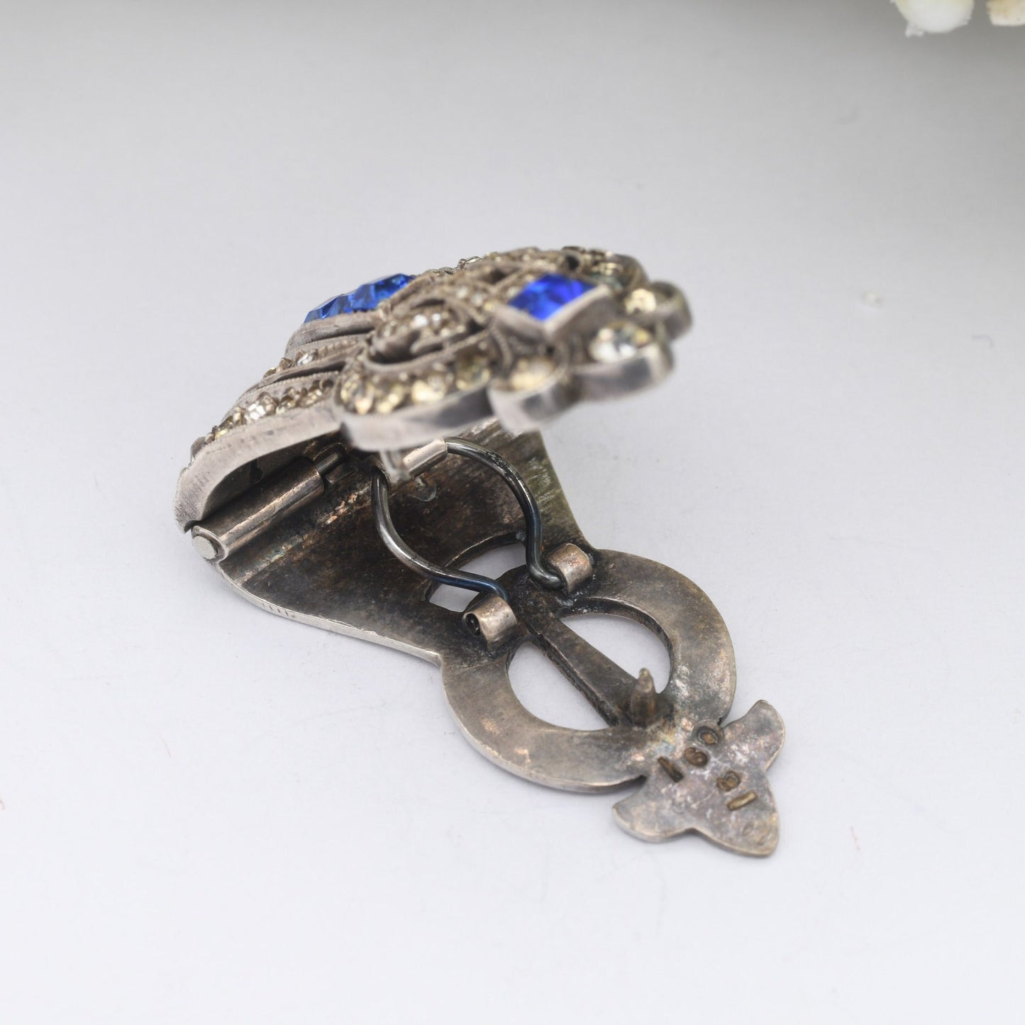 Antique Art Deco Silver Dress Clip with Blue and Clear Paste Diamante - Patent No. 1124748
