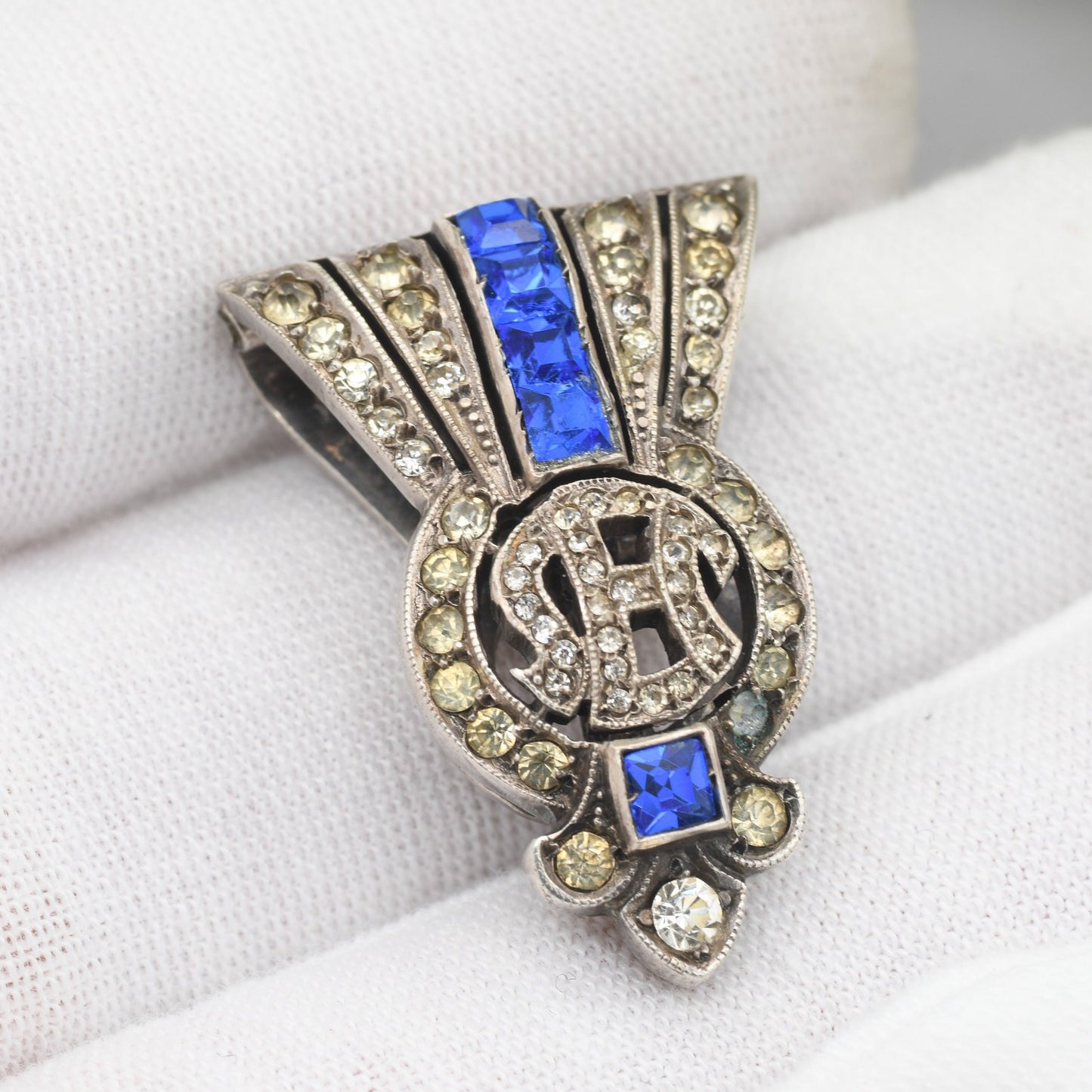 Antique Art Deco Silver Dress Clip with Blue and Clear Paste Diamante - Patent No. 1124748