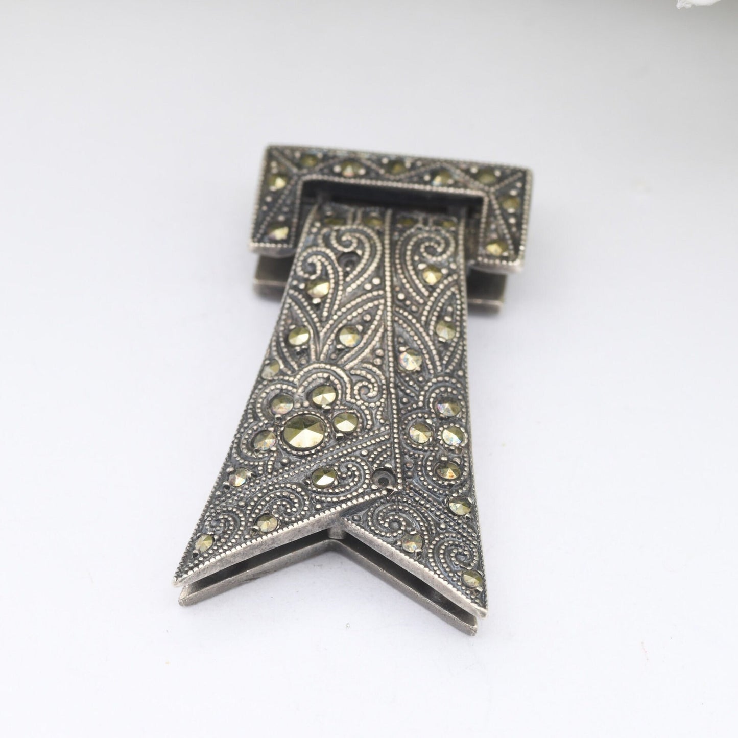 Vintage Art Deco European Silver Marcasite Dress Clip - Sparkly Statement Jewellery | Scarf Shape