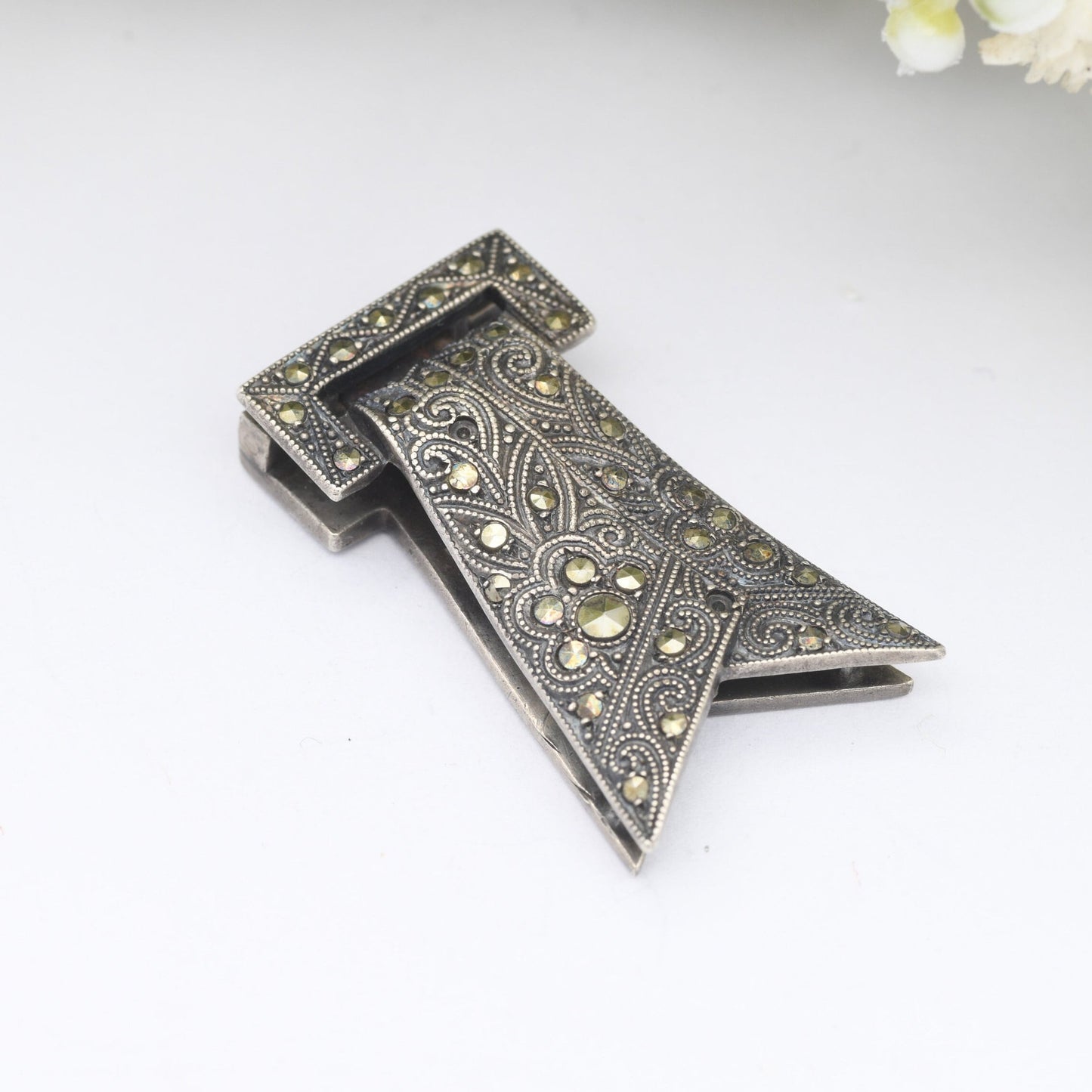 Vintage Art Deco European Silver Marcasite Dress Clip - Sparkly Statement Jewellery | Scarf Shape