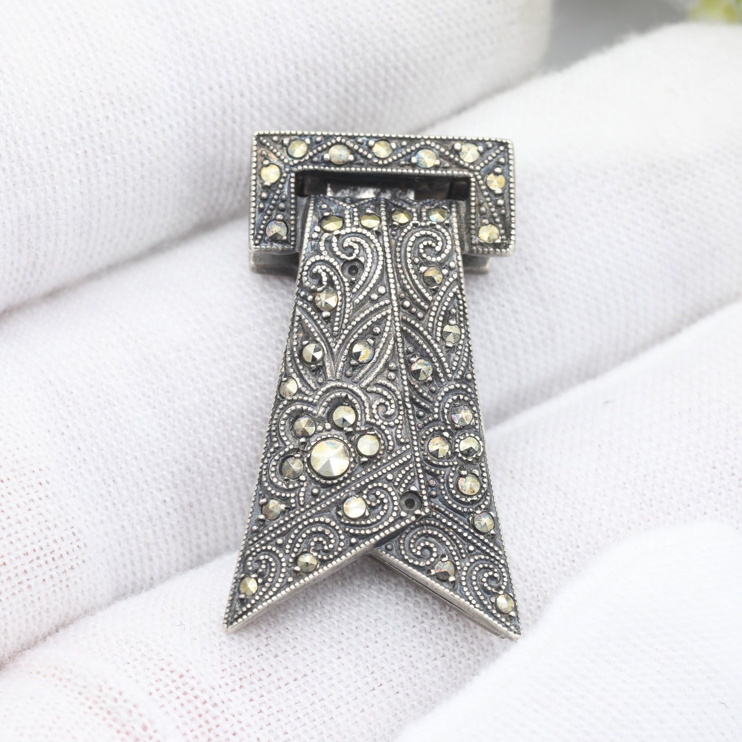 Vintage Art Deco European Silver Marcasite Dress Clip - Sparkly Statement Jewellery | Scarf Shape