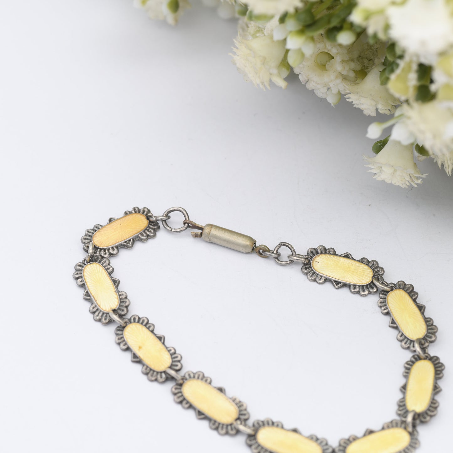 Vintage 830s Scandinavian Guilloche Enamel Bracelet - 1930s 1940s | Yellow Enamel | 830 Silver