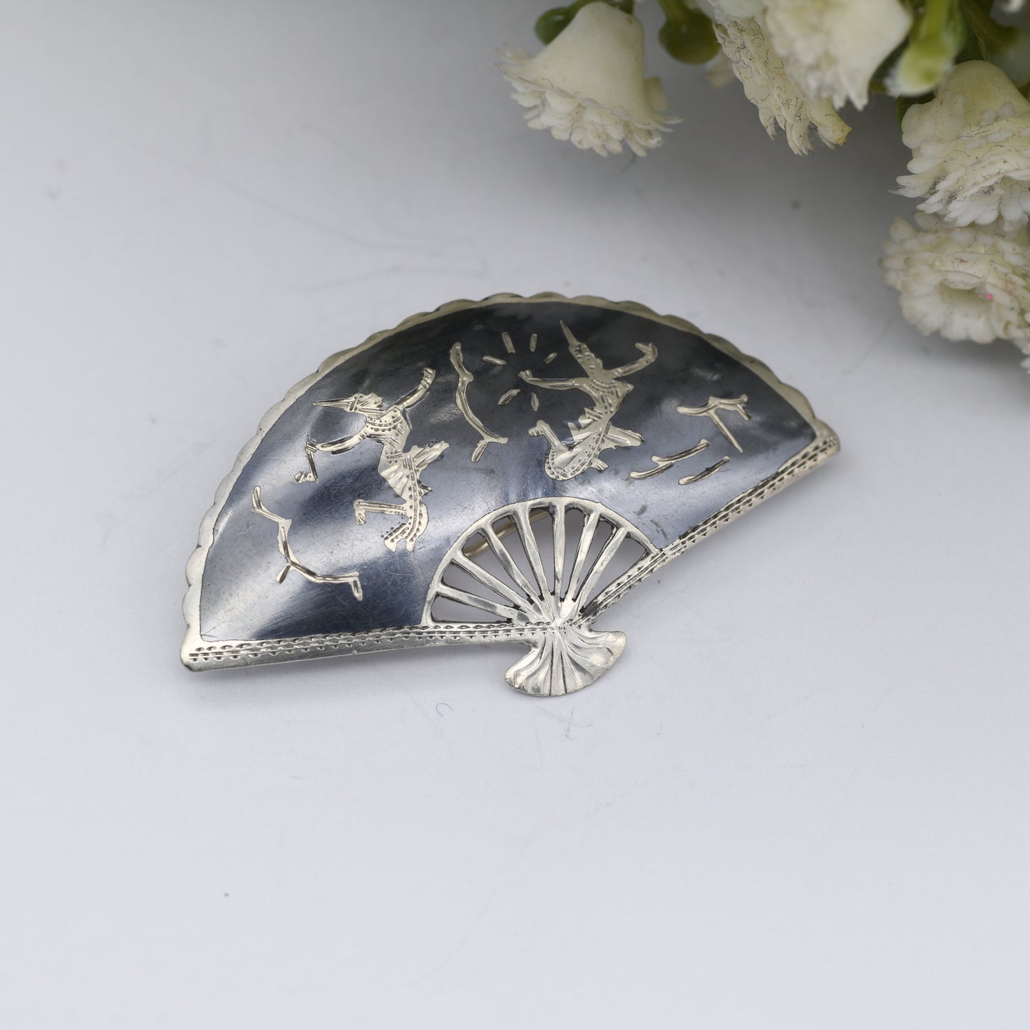 Vintage Sterling Silver Siam Fan Brooch - Mekala Goddess of Lightning | Black Niello | Goddess Vintage Thailand Silver