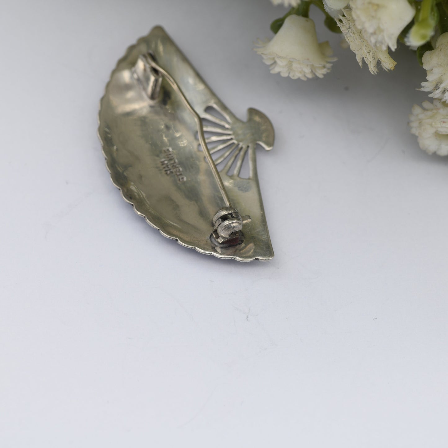 Vintage Sterling Silver Siam Fan Brooch - Mekala Goddess of Lightning | Black Niello | Goddess Vintage Thailand Silver