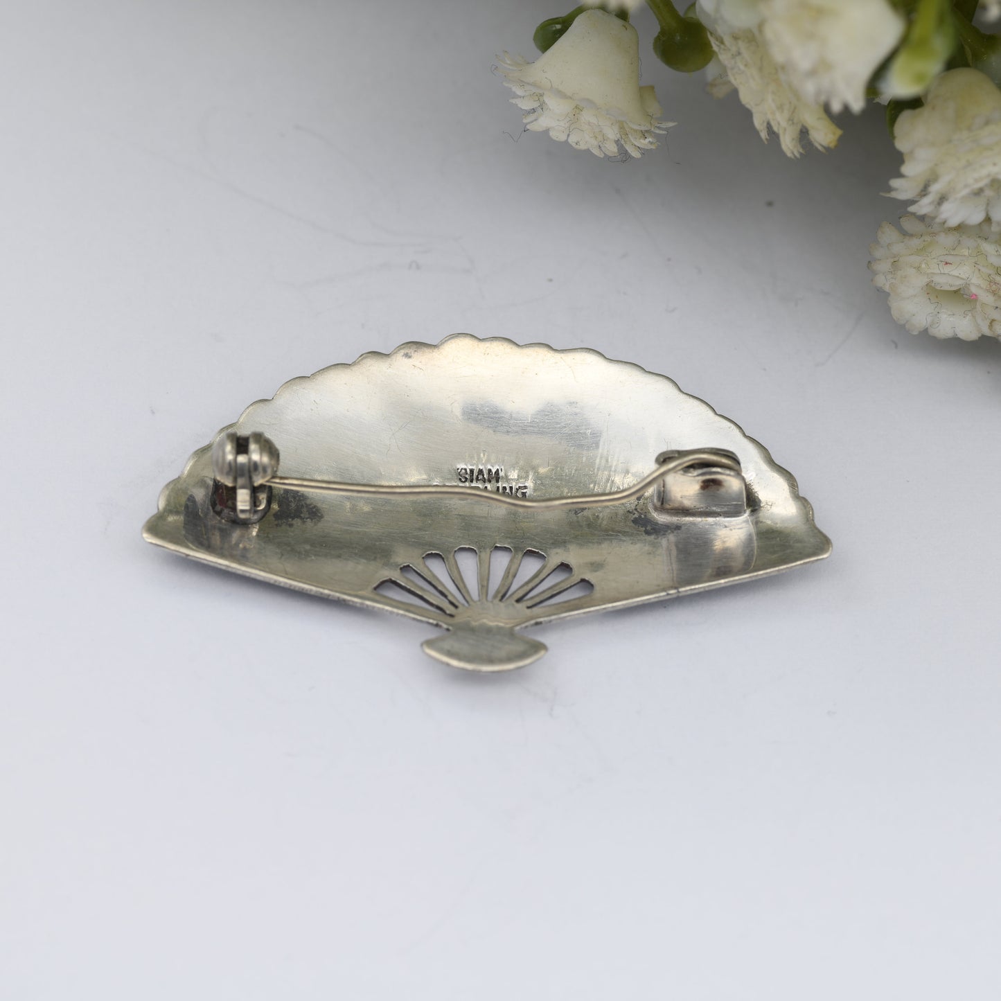 Vintage Sterling Silver Siam Fan Brooch - Mekala Goddess of Lightning | Black Niello | Goddess Vintage Thailand Silver