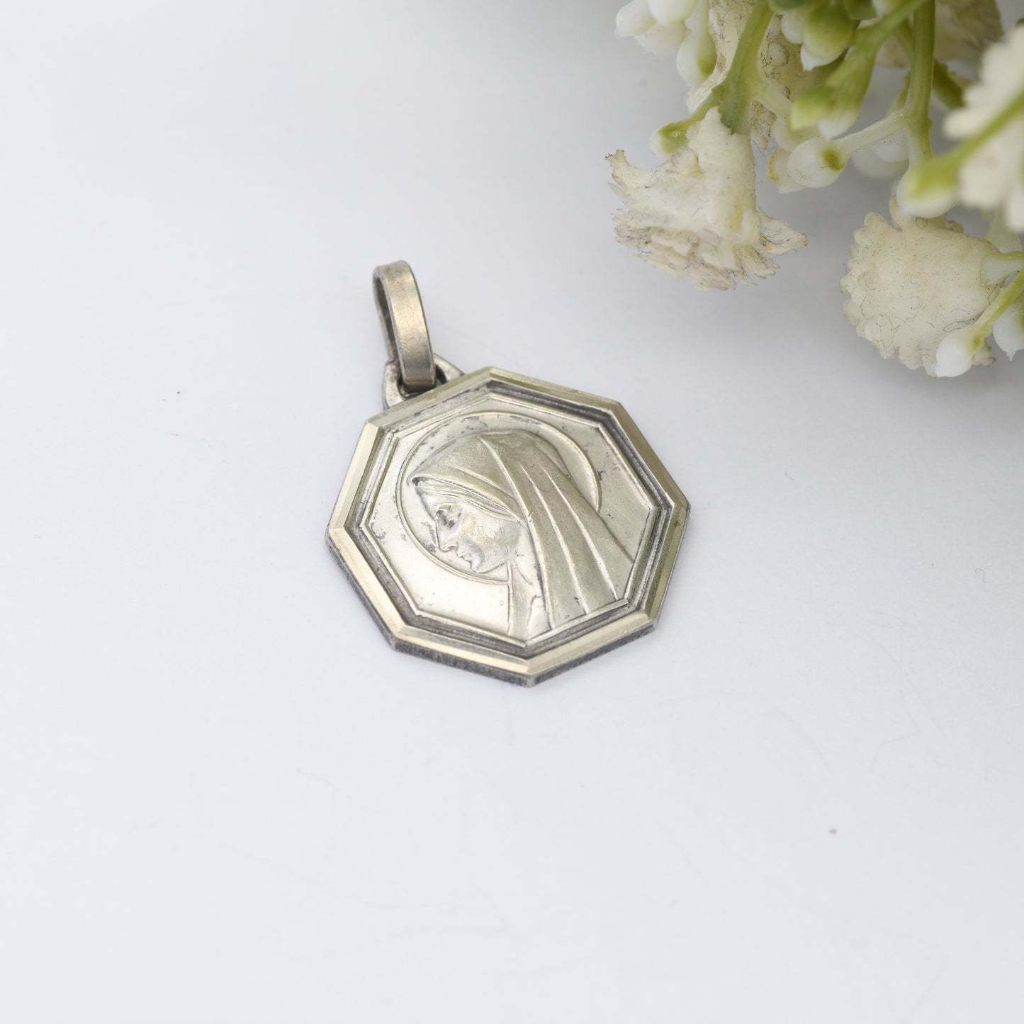 Vintage French Lourdes Virgin Mary Pendant - Religious Christian Token | Silver Tone