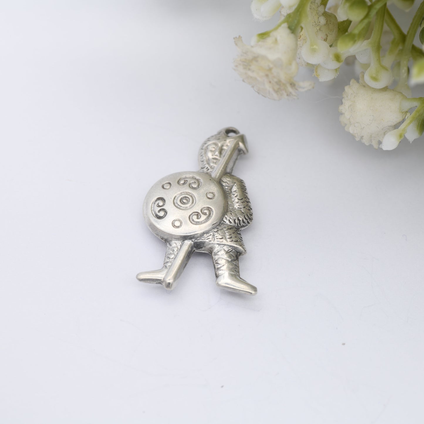 Vintage Silver Celtic Knight Charm Pendant - Viking Warrior | Puffed Silver | Fighting Man with Spear and Shield
