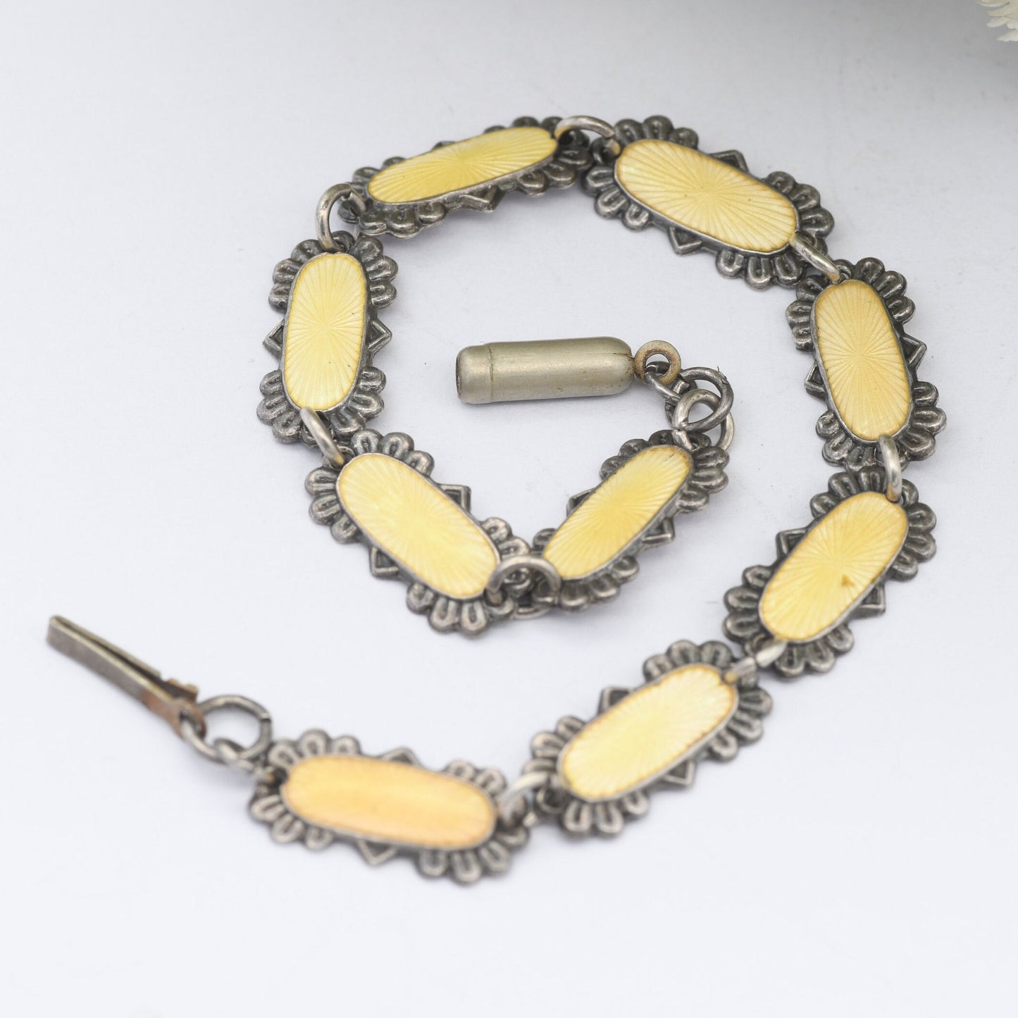 Vintage 830s Scandinavian Guilloche Enamel Bracelet - 1930s 1940s | Yellow Enamel | 830 Silver