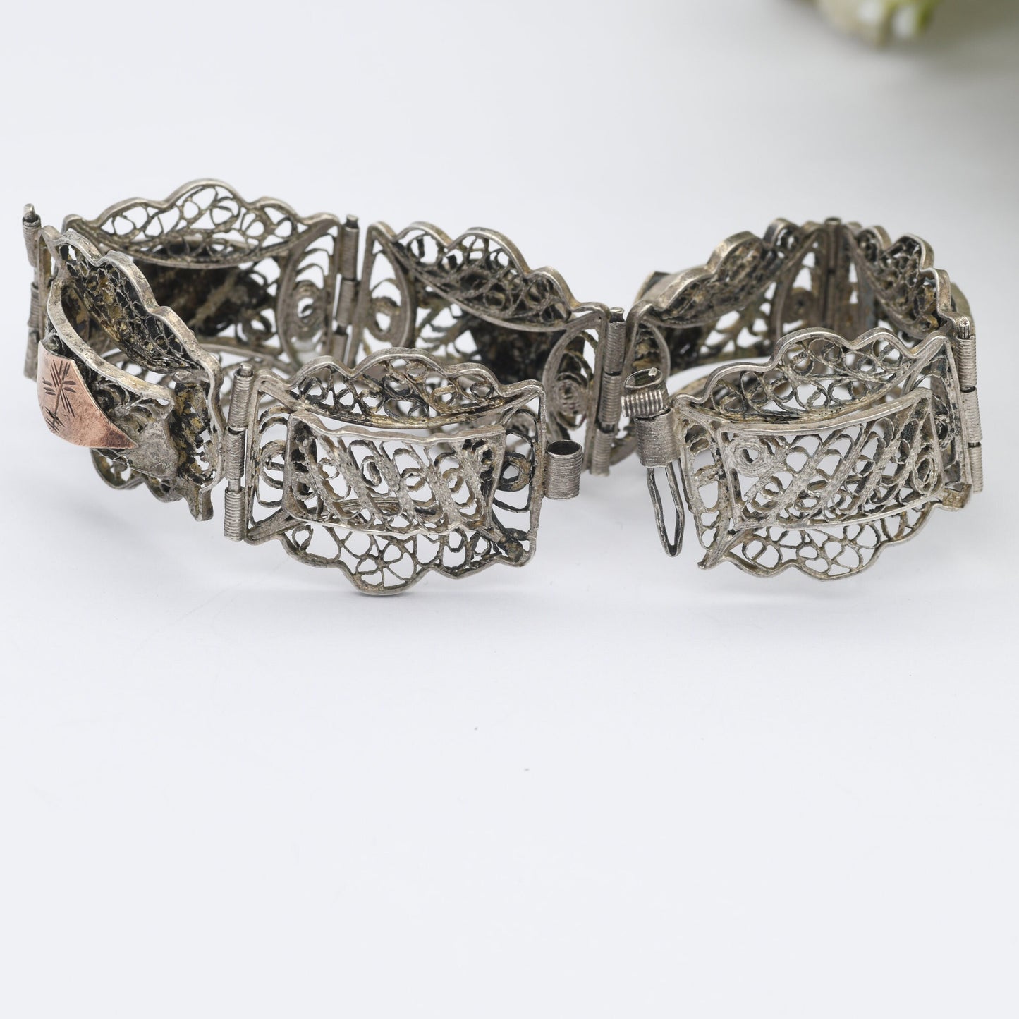Vintage Egyptian Filigree Panel Bracelet - Pyramids Egypt Souvenir | Ancient History Gift | Rose Gold Plating | Silver Tone