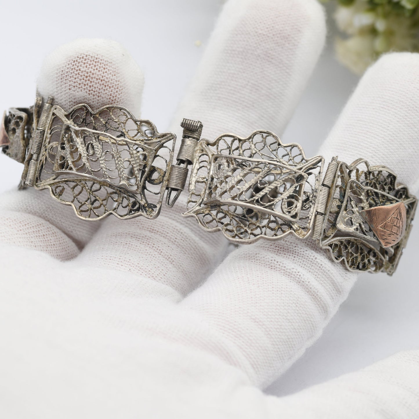 Vintage Egyptian Filigree Panel Bracelet - Pyramids Egypt Souvenir | Ancient History Gift | Rose Gold Plating | Silver Tone