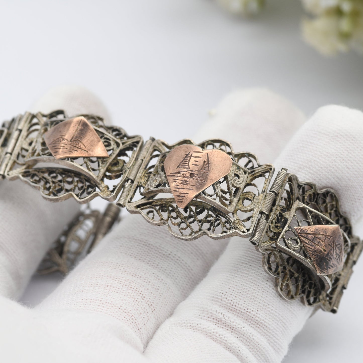 Vintage Egyptian Filigree Panel Bracelet - Pyramids Egypt Souvenir | Ancient History Gift | Rose Gold Plating | Silver Tone