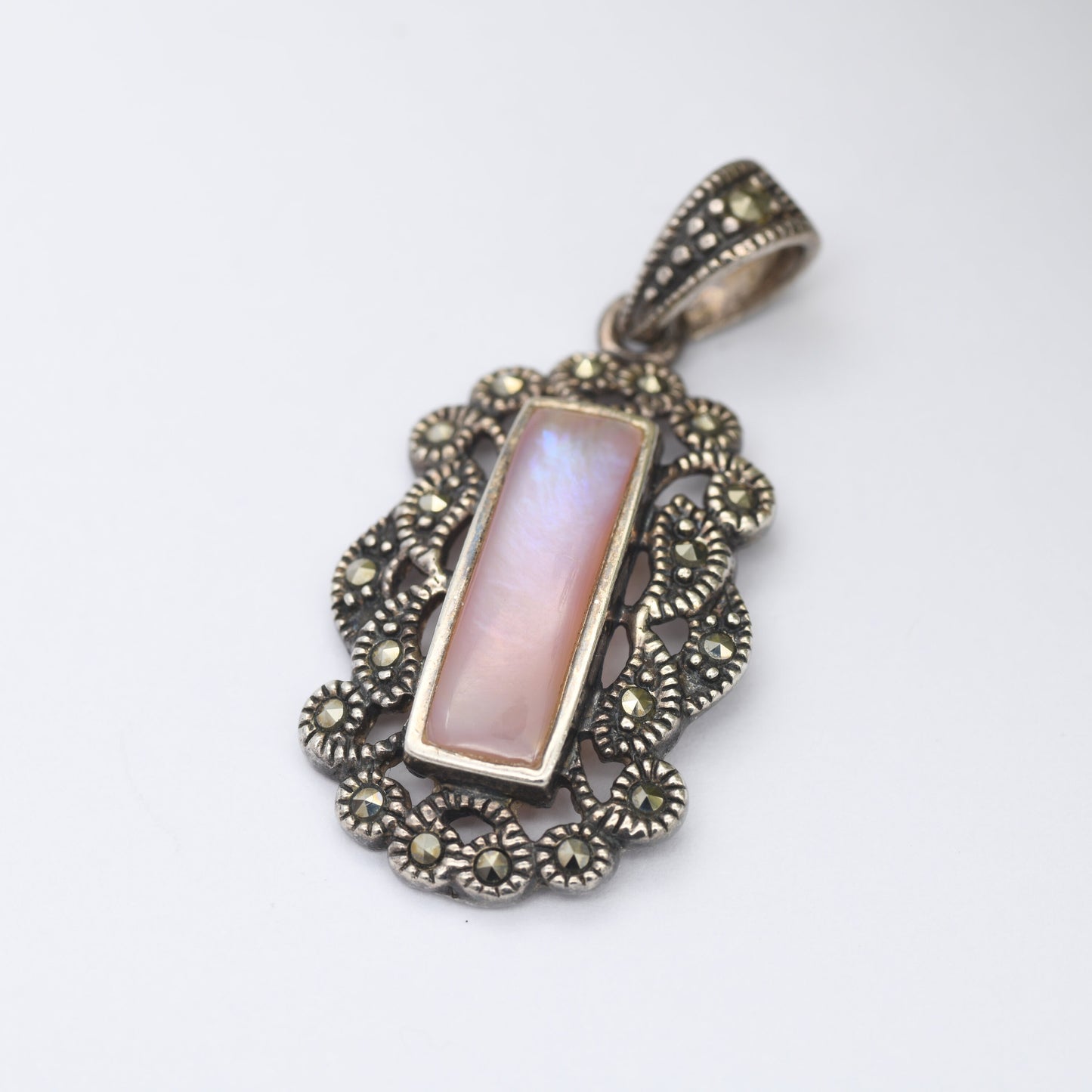 Vintage Sterling Silver Mother of Pearl Marcasite Pendant - Sparkly Jewellery | Gift for Mother