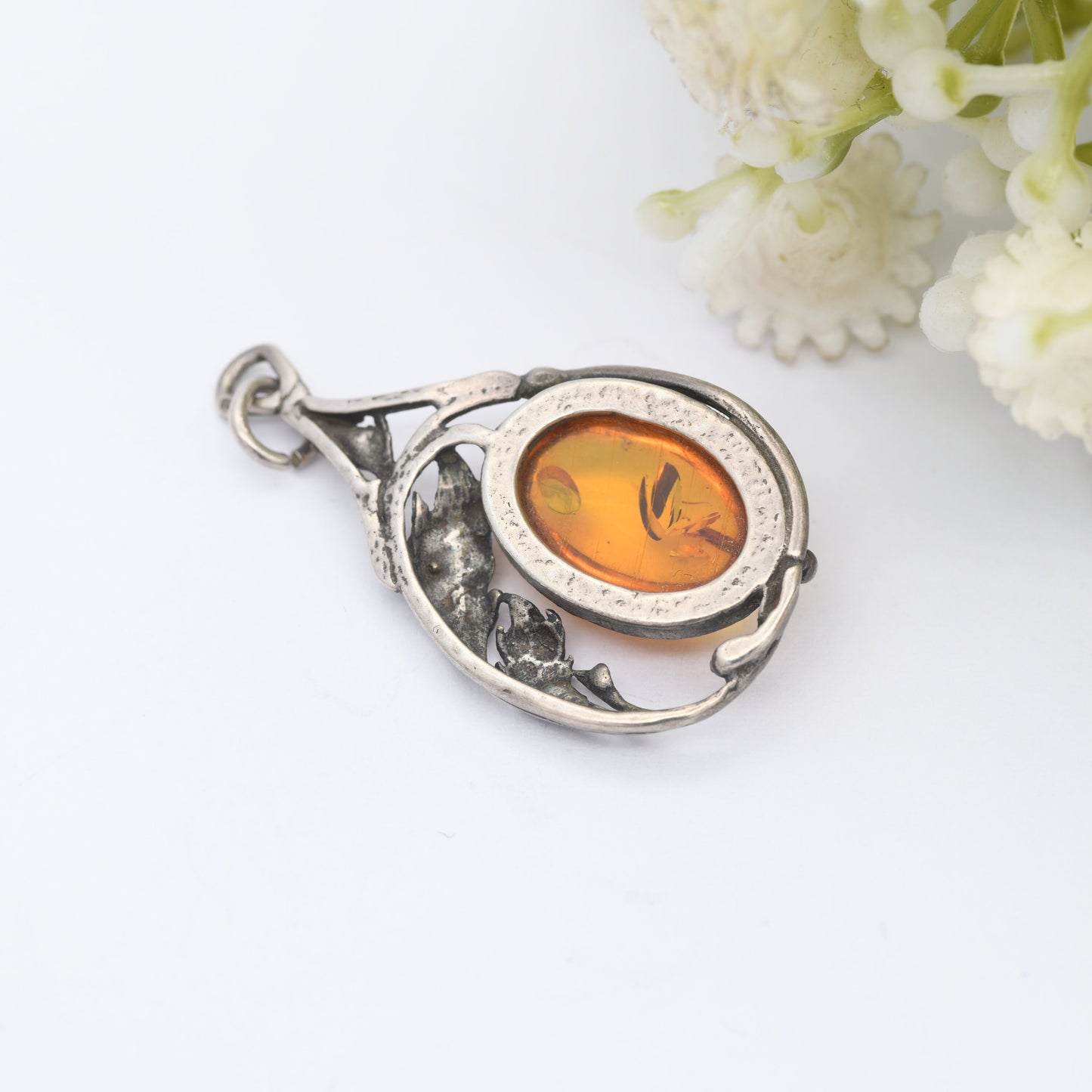 Vintage Amber Sterling Silver Pendant - Baltic Amber Pendant | Unusual Openwork Shape | Art Nouveau Style Naturalistic