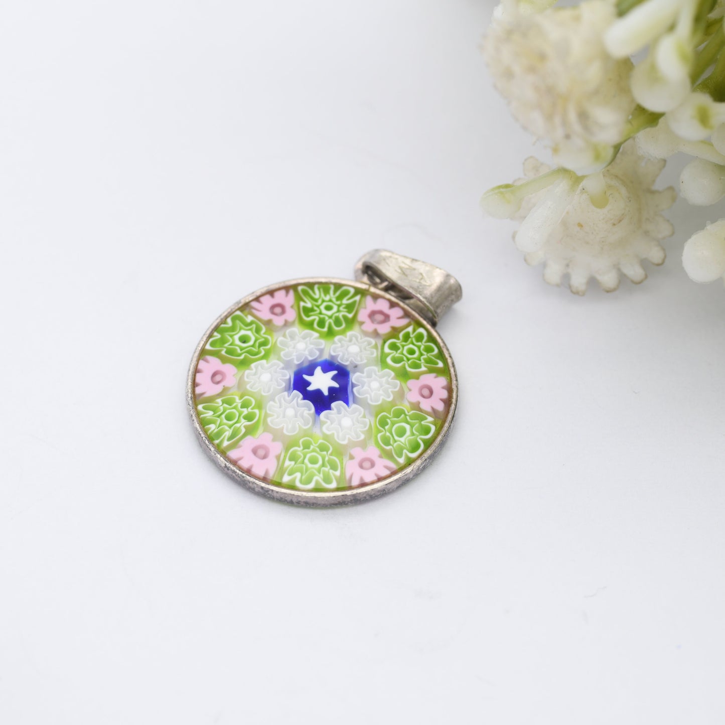 Sterling Silver Millefiori Glass Flower Pendant - Green and Pink | Circle | Floral