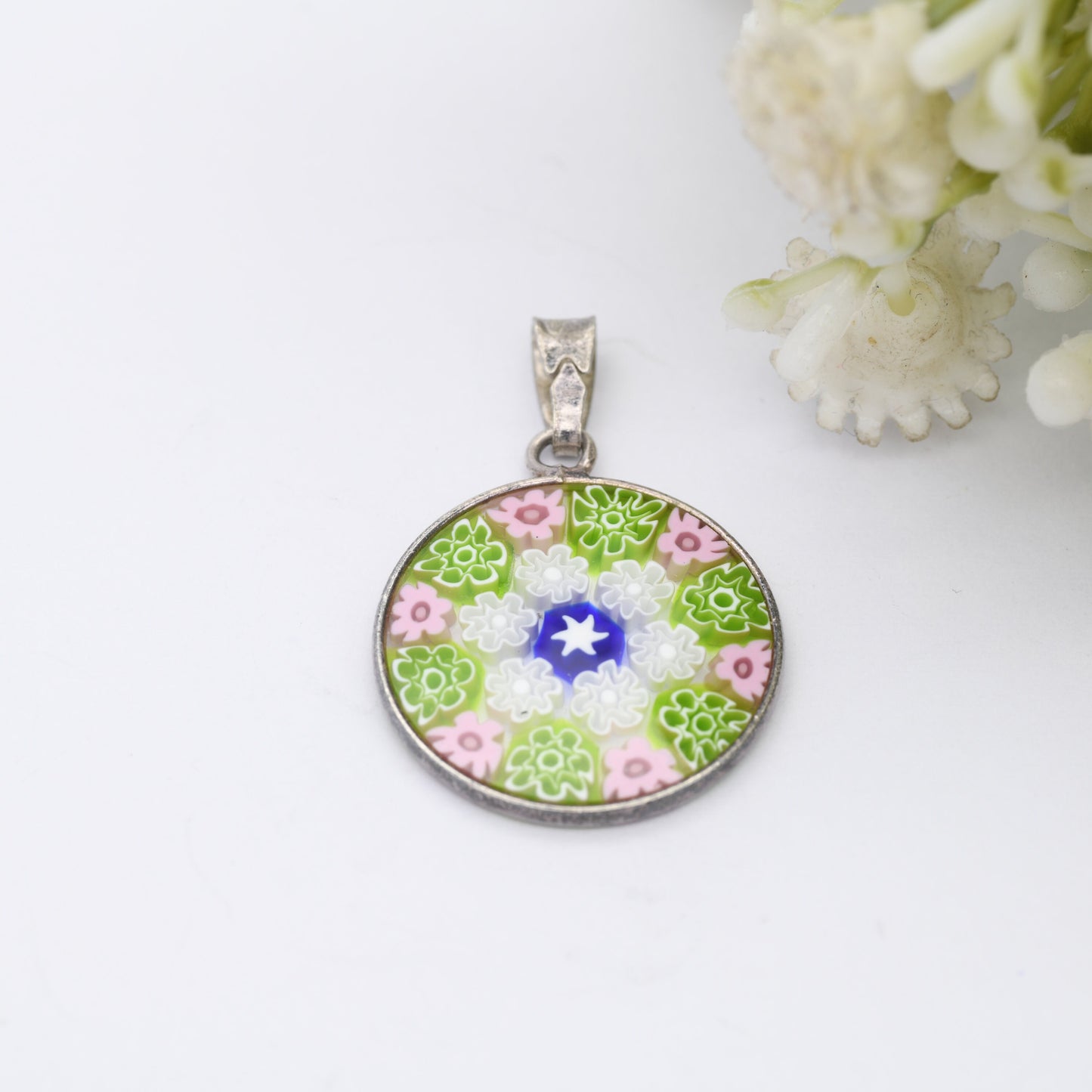 Sterling Silver Millefiori Glass Flower Pendant - Green and Pink | Circle | Floral