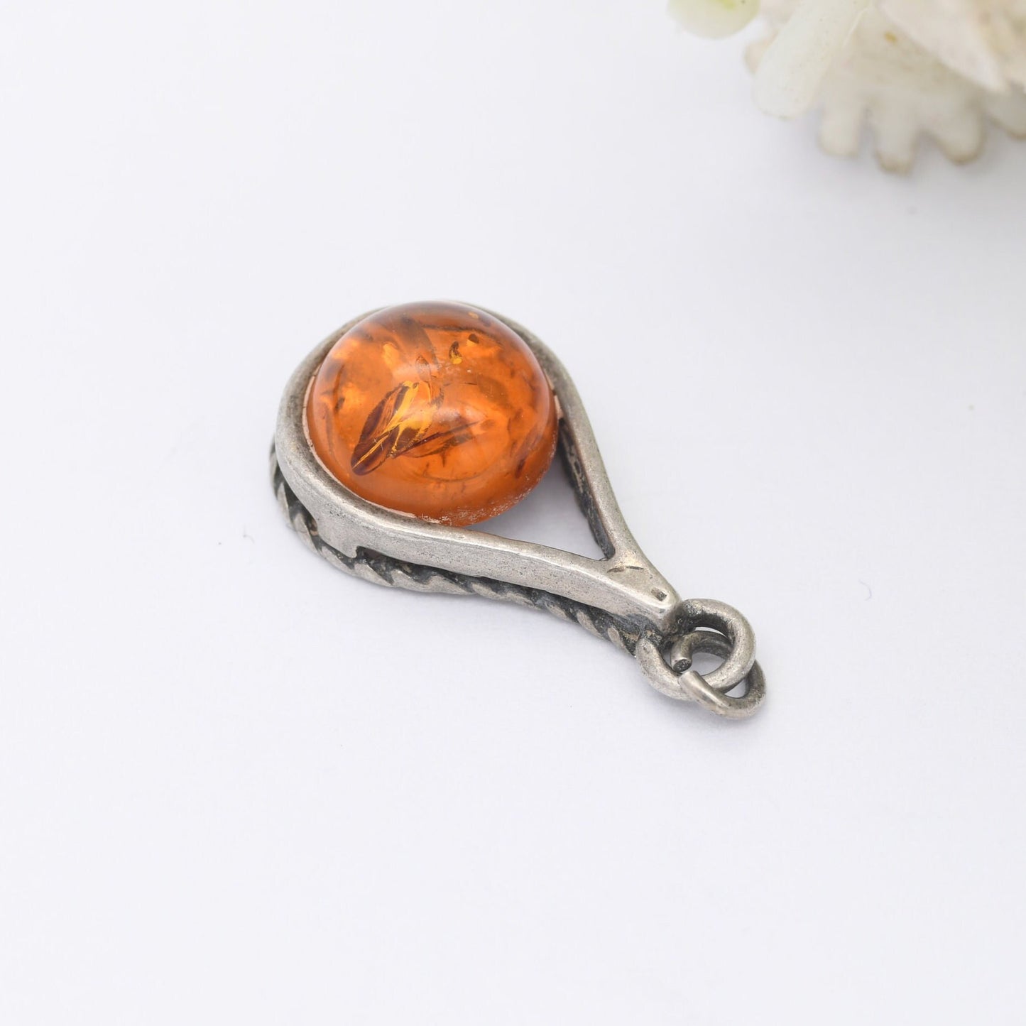 Vintage Amber Silver Pendant - Baltic Amber Pendant | Teardrop Shape