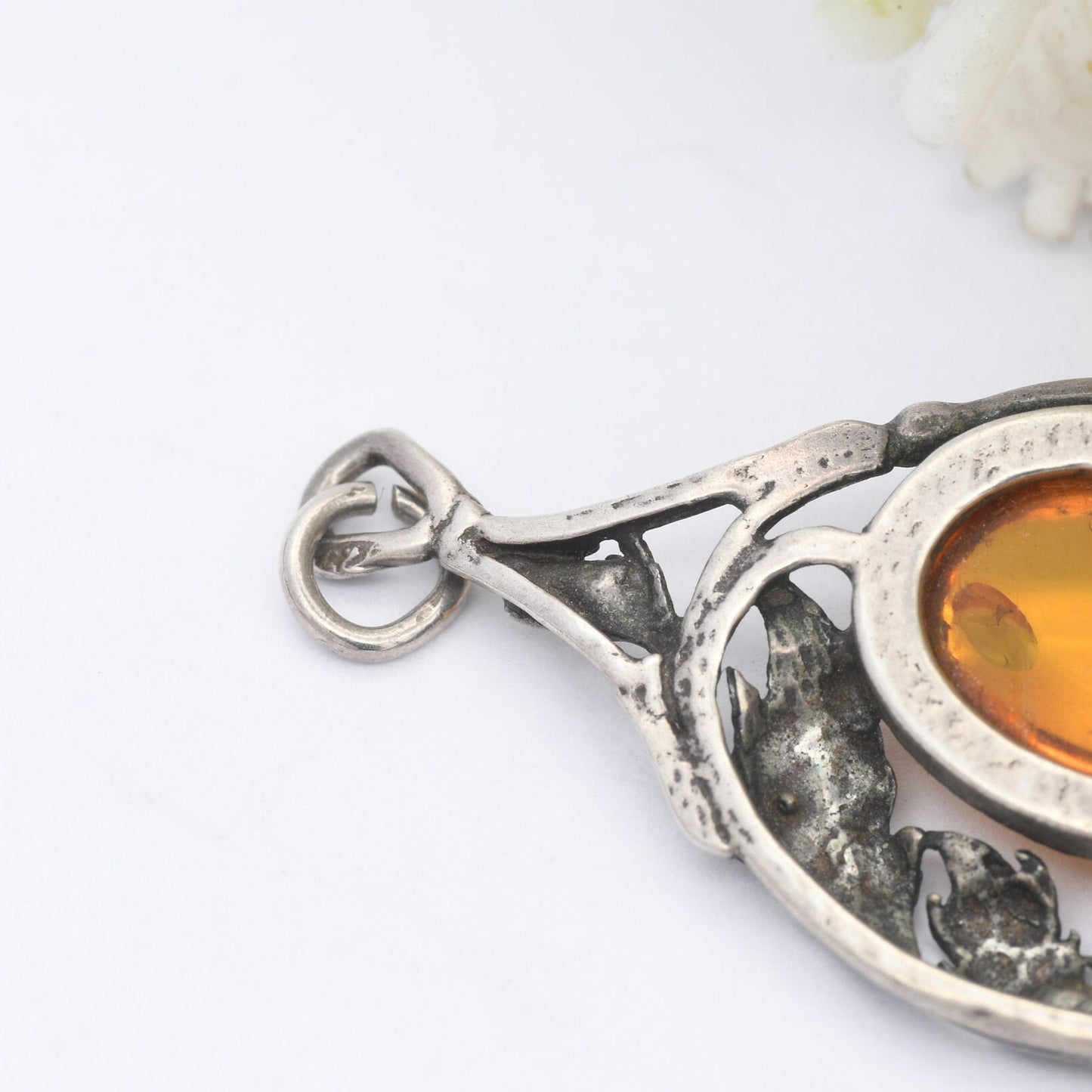Vintage Amber Sterling Silver Pendant - Baltic Amber Pendant | Unusual Openwork Shape | Art Nouveau Style Naturalistic