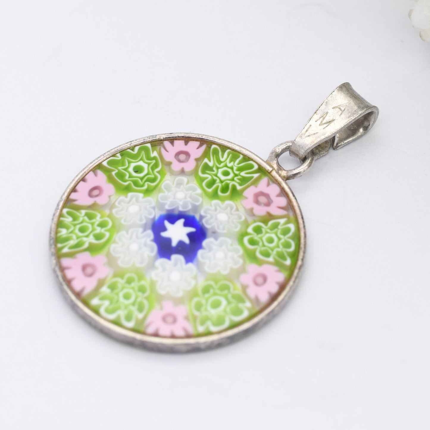 Sterling Silver Millefiori Glass Flower Pendant - Green and Pink | Circle | Floral