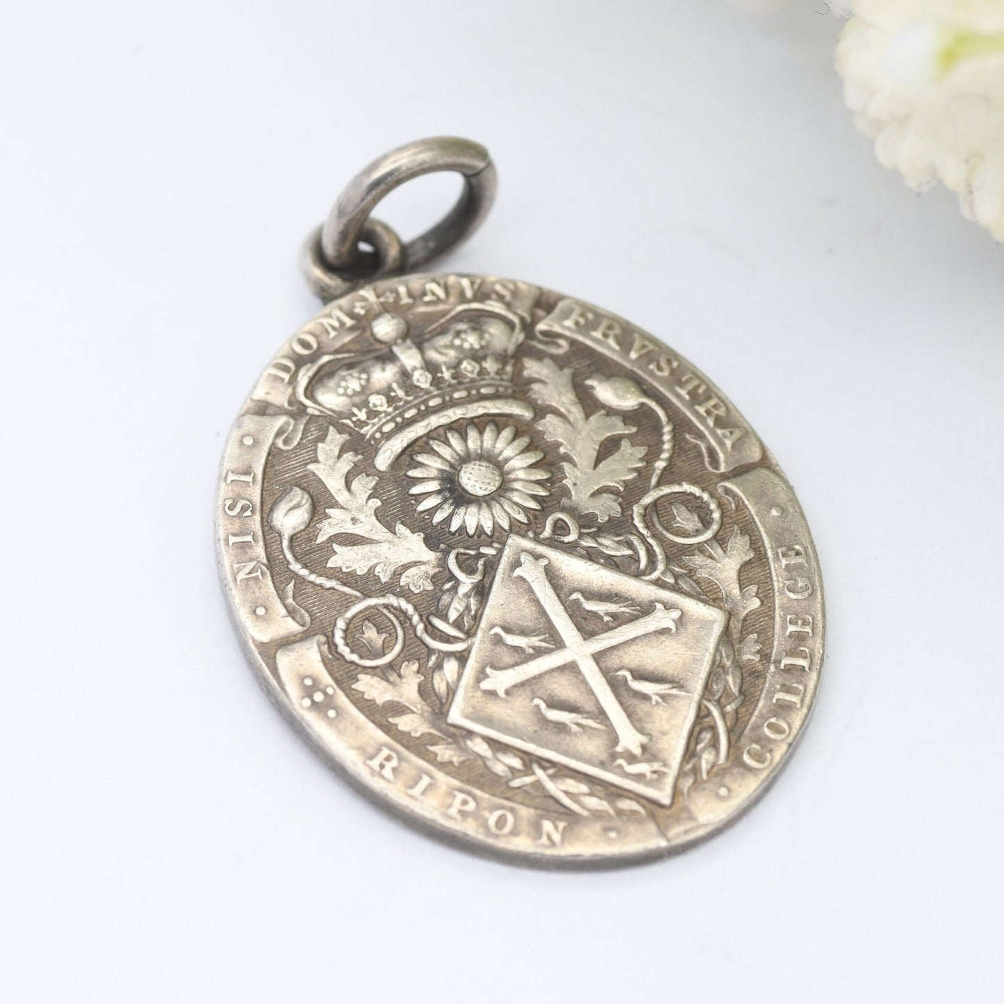 Antique Sterling Silver Ripon College Medal Pendant - Ornate Watch Fob | Latin Inscription | Old School Motto
