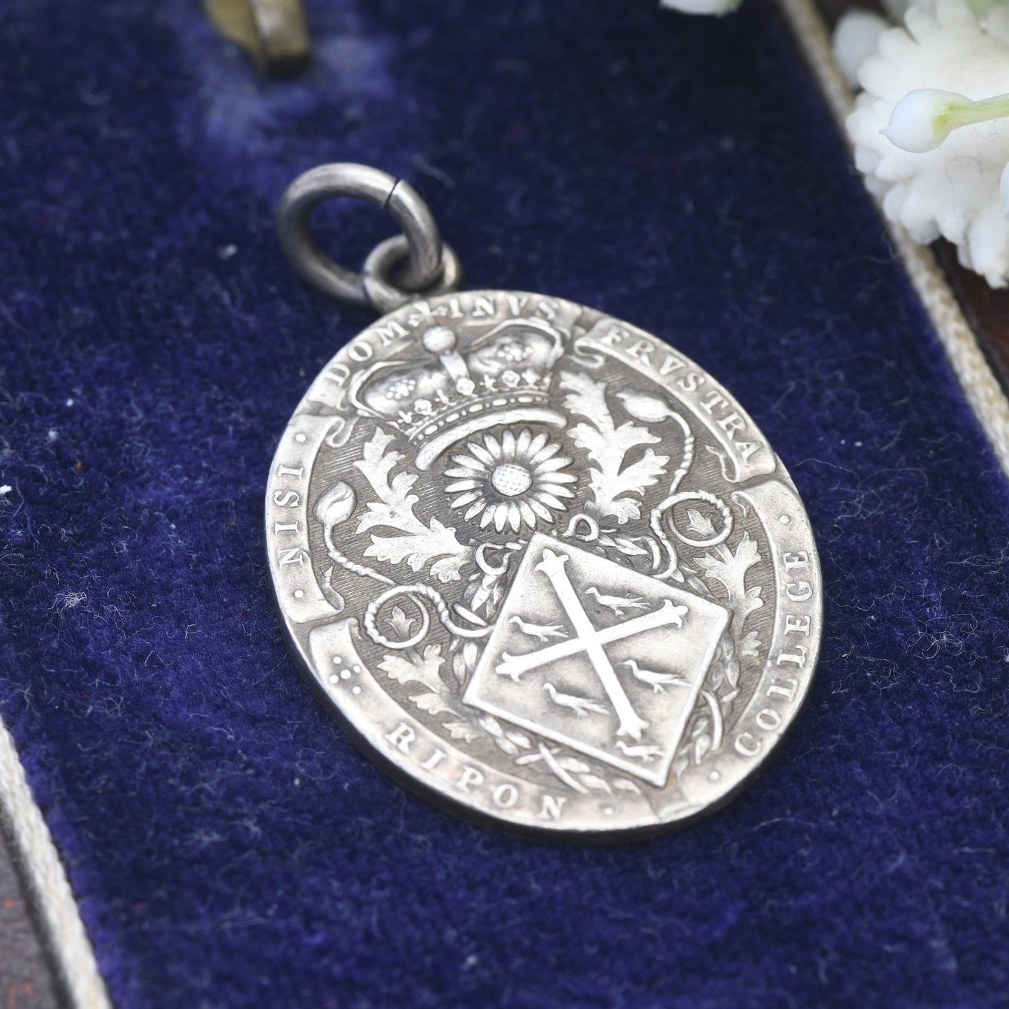 Antique Sterling Silver Ripon College Medal Pendant - Ornate Watch Fob | Latin Inscription | Old School Motto